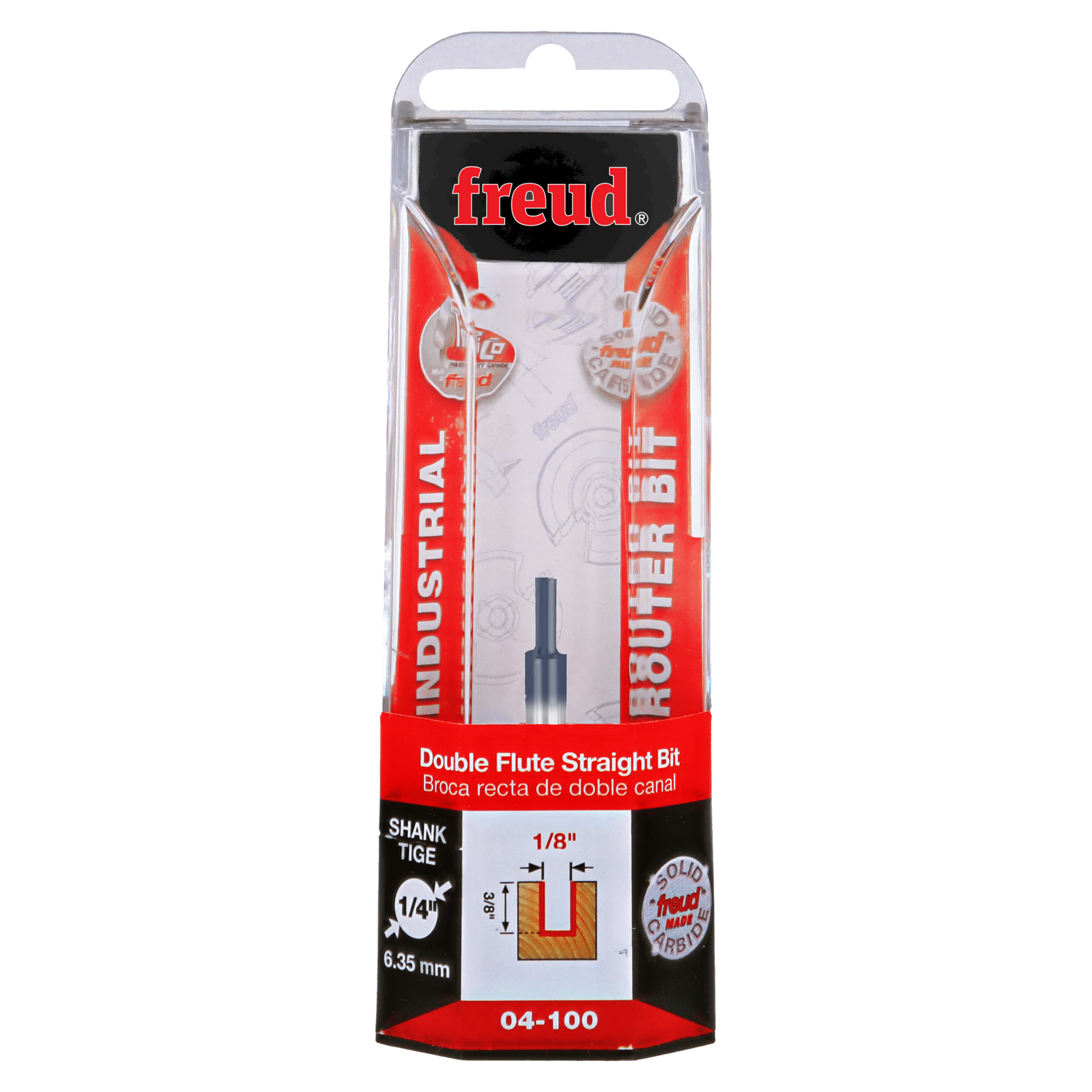 Freud 1/8" diameter double flute straight router bit with 1/4" shank in clear plastic clamshell packaging.