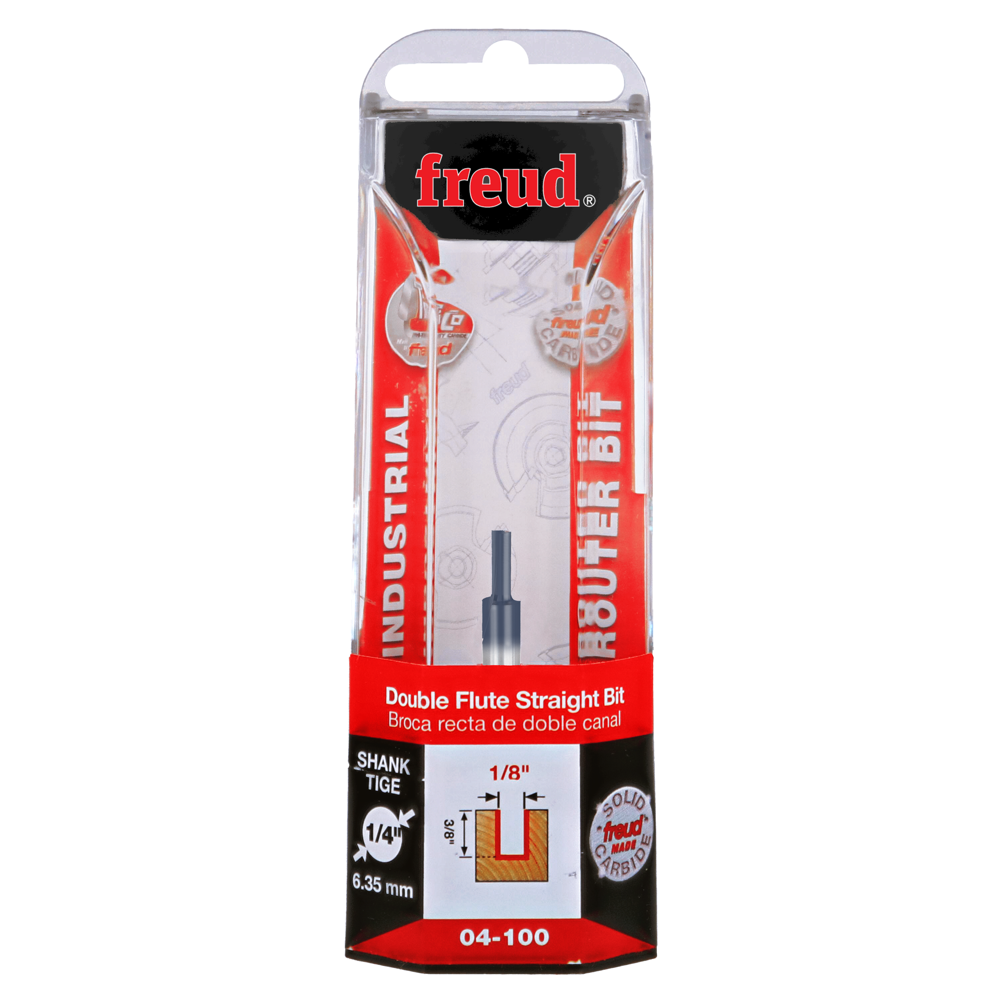 Freud 1/8" diameter double flute straight router bit with 1/4" shank in clear plastic clamshell packaging.