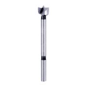Silver and black Forstner bit with flat cutting head and cylindrical shaft for drilling clean holes in wood.