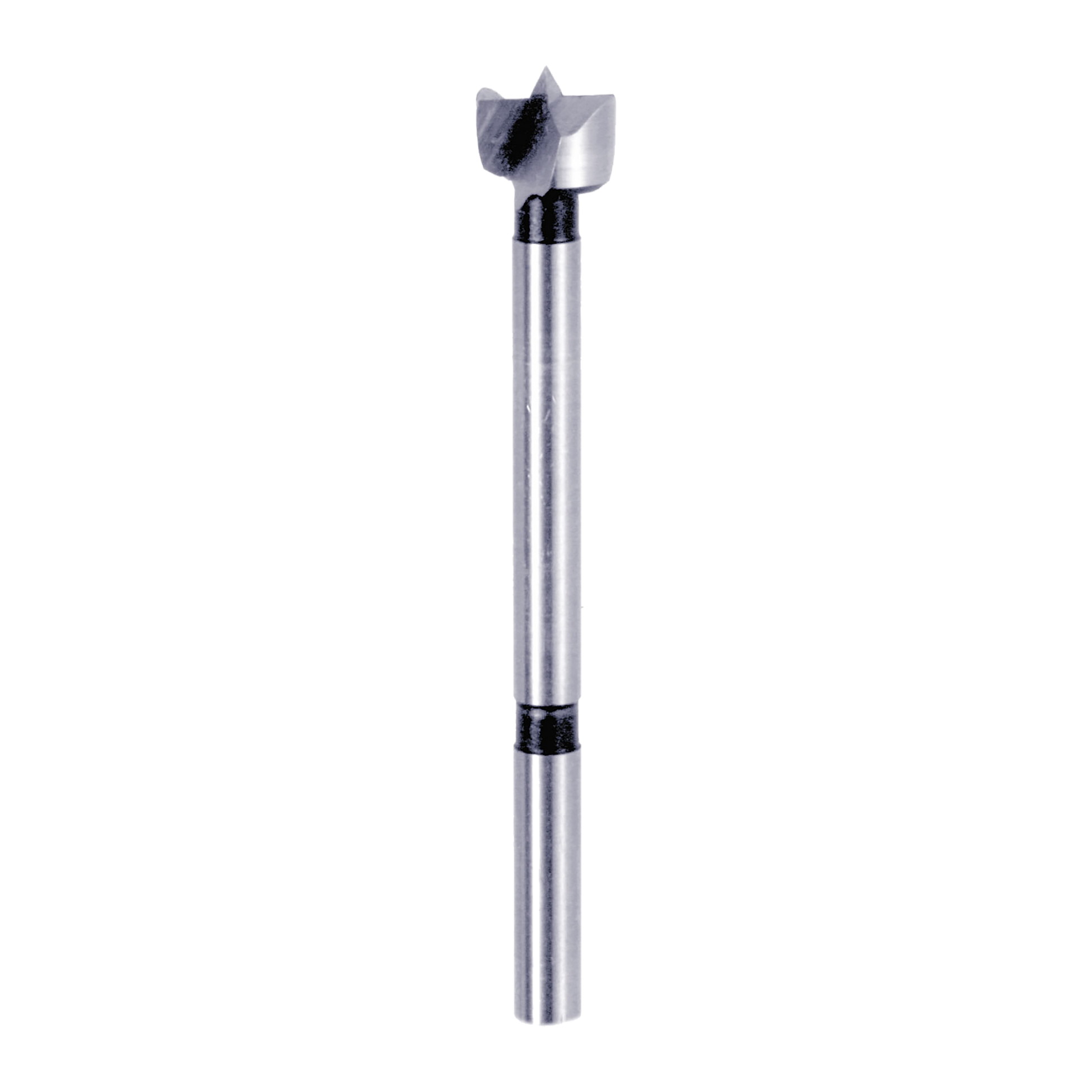 Silver and black Forstner bit with flat cutting head and cylindrical shaft for drilling clean holes in wood.