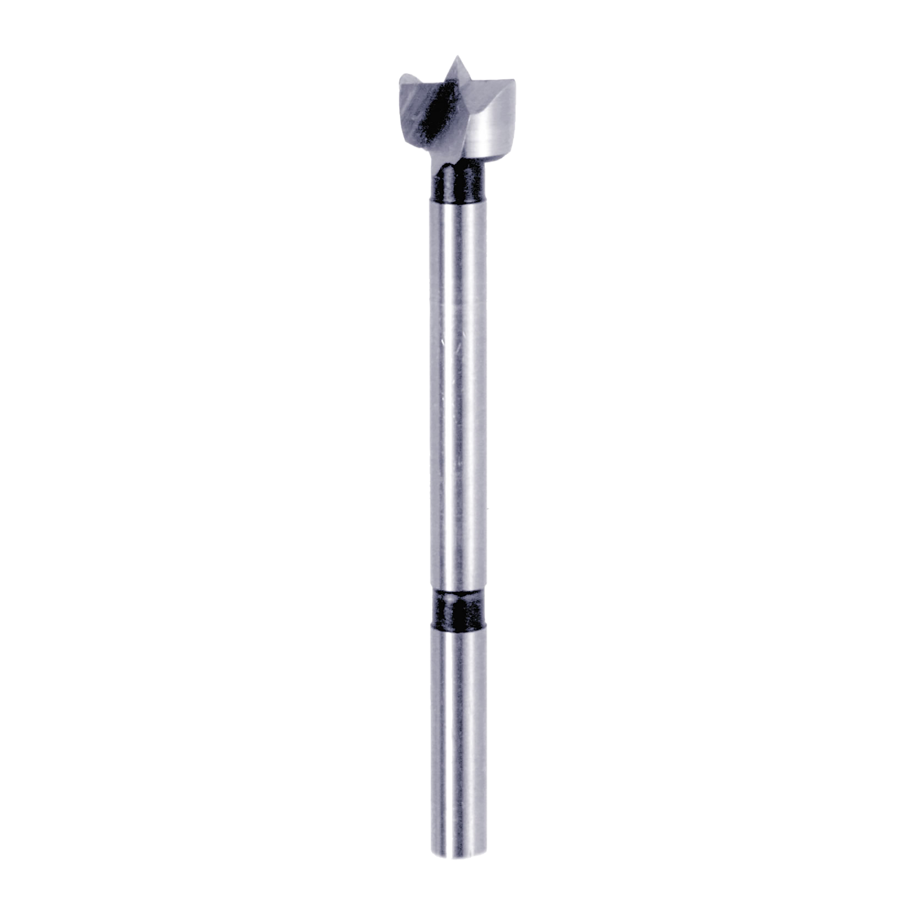 Silver and black Forstner bit with flat cutting head and cylindrical shaft for drilling clean holes in wood.