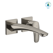 Polished nickel wall-mount bathroom faucet with single curved handle and rectangular escutcheons.