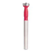 Forstner bit with red handle and metal shaft featuring flat cutting head with center point.