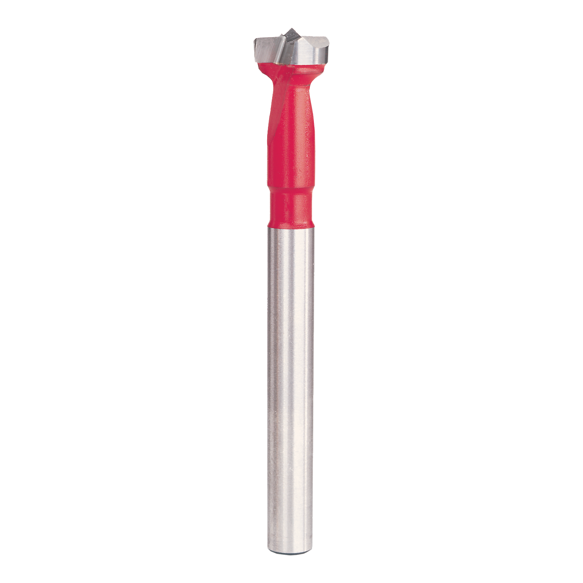 Forstner bit with red handle and metal shaft featuring flat cutting head with center point.