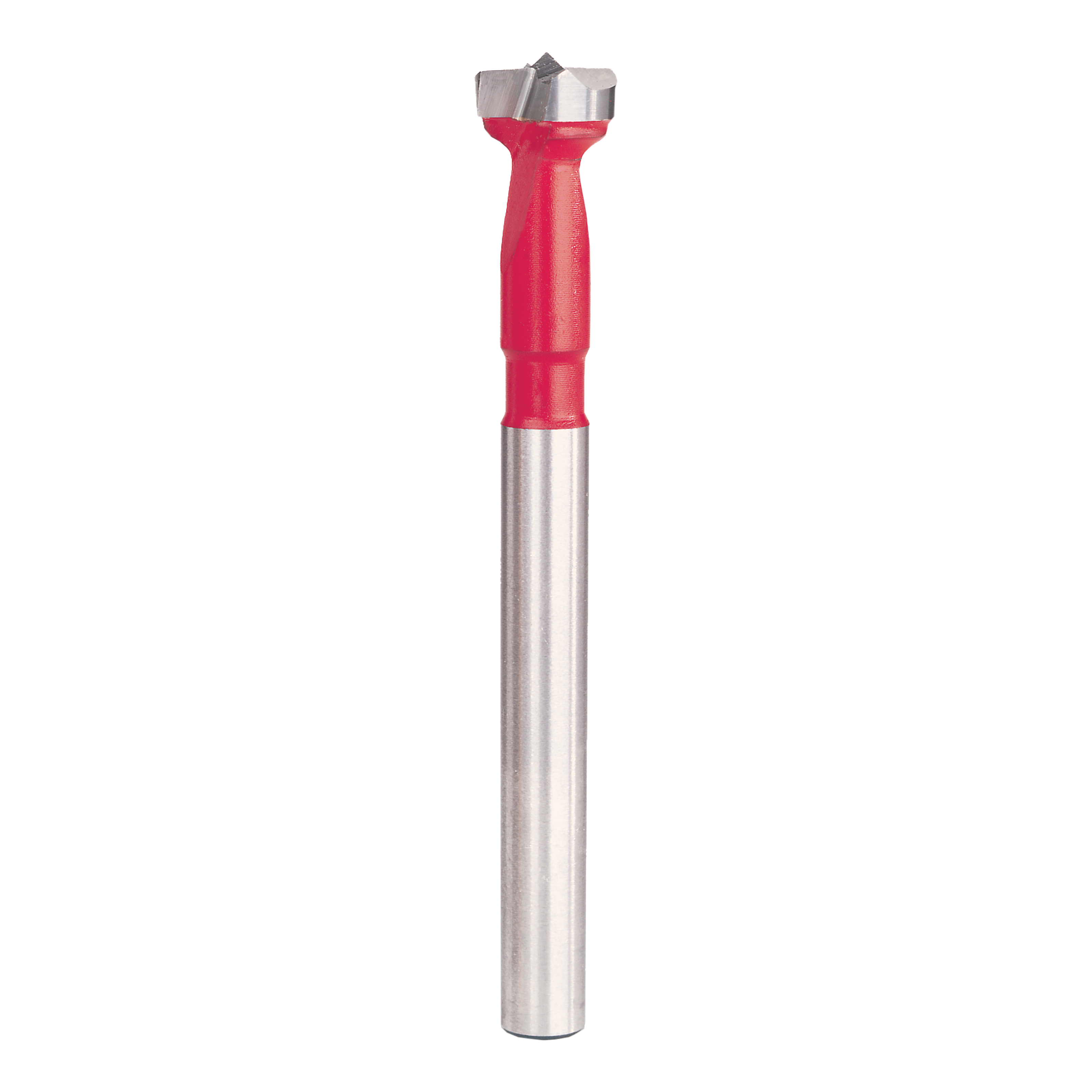 Forstner bit with red handle and metal shaft featuring flat cutting head with center point.