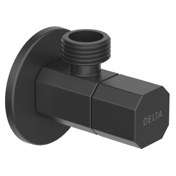 Black ceramic quarter turn angle valve with threaded inlet connection and wall-mounted flange.