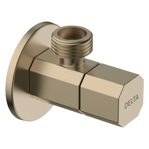 Brushed nickel angle valve with threaded outlet and quarter-turn handle mounted on round escutcheon plate.