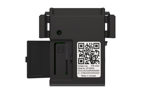 Black Panasonic Swidget Wi-Fi control module with toggle switch, indicator light, and QR code label on front.