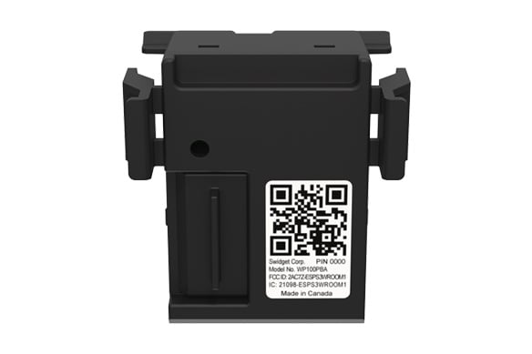 Black Panasonic Wi-Fi control module with mounting brackets, QR code, and product labeling on rear.