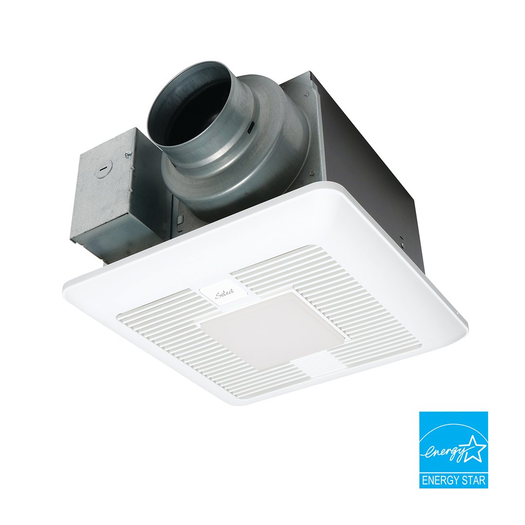White square ceiling ventilation fan with metal ductwork connector and louvered intake grilles mounted on dark housing unit.