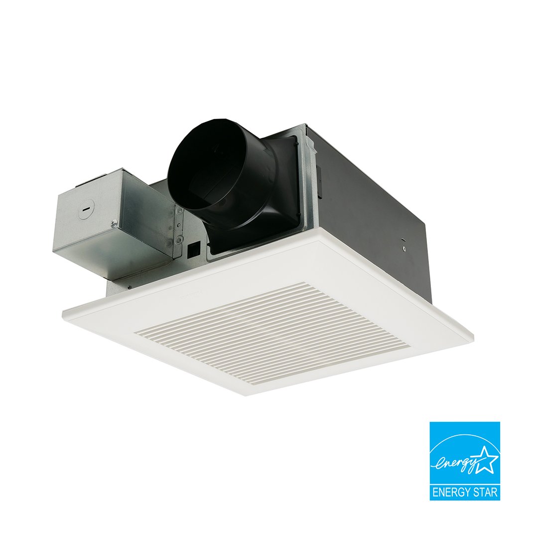 Panasonic ceiling-mounted exhaust fan with white grille, black ductwork, and metal housing unit.