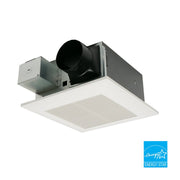Panasonic ceiling-mounted exhaust fan with white grille, black ductwork, and metal housing unit.