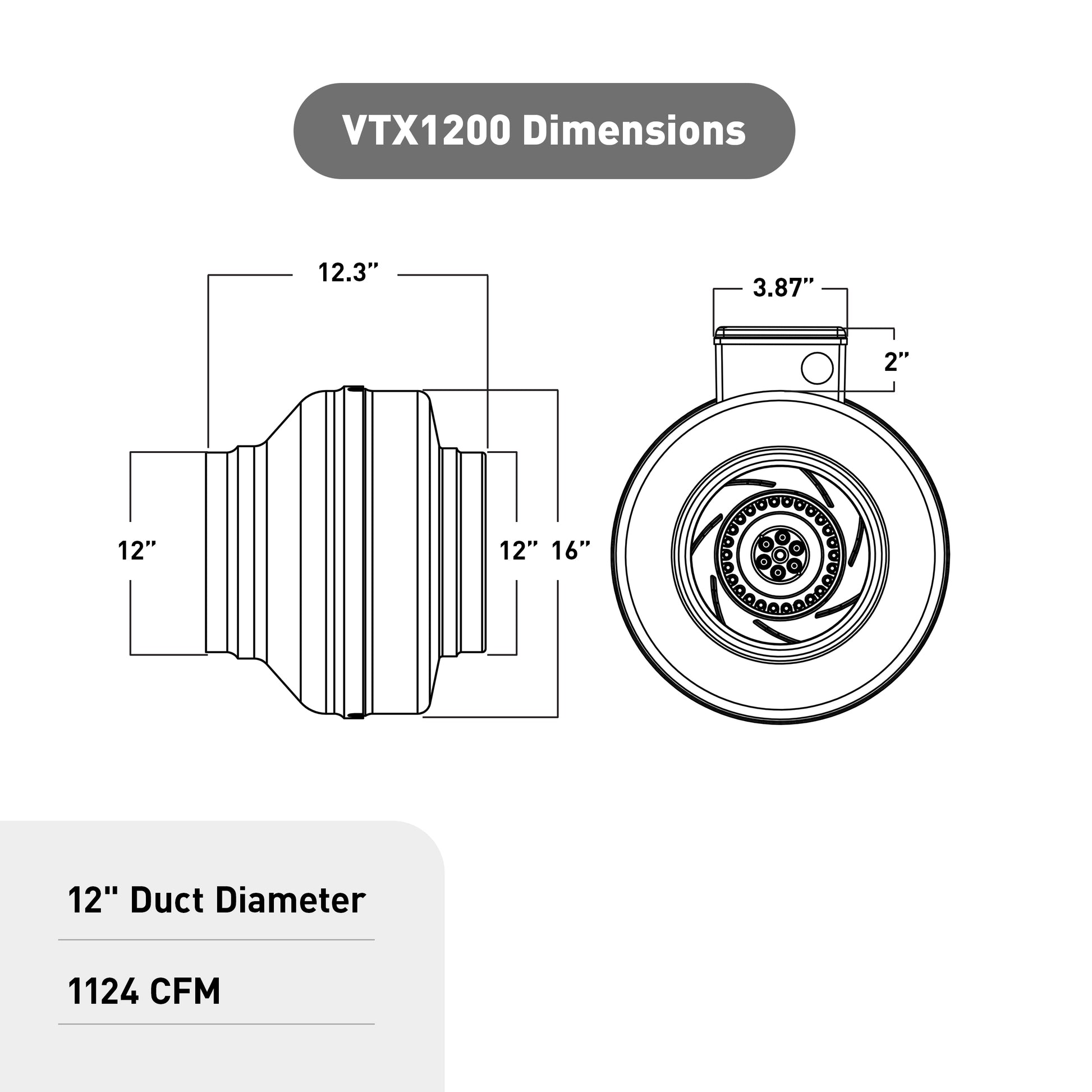 VTX1200 centrifugal in-line duct fan with 12-inch diameter, side and front technical dimension views.