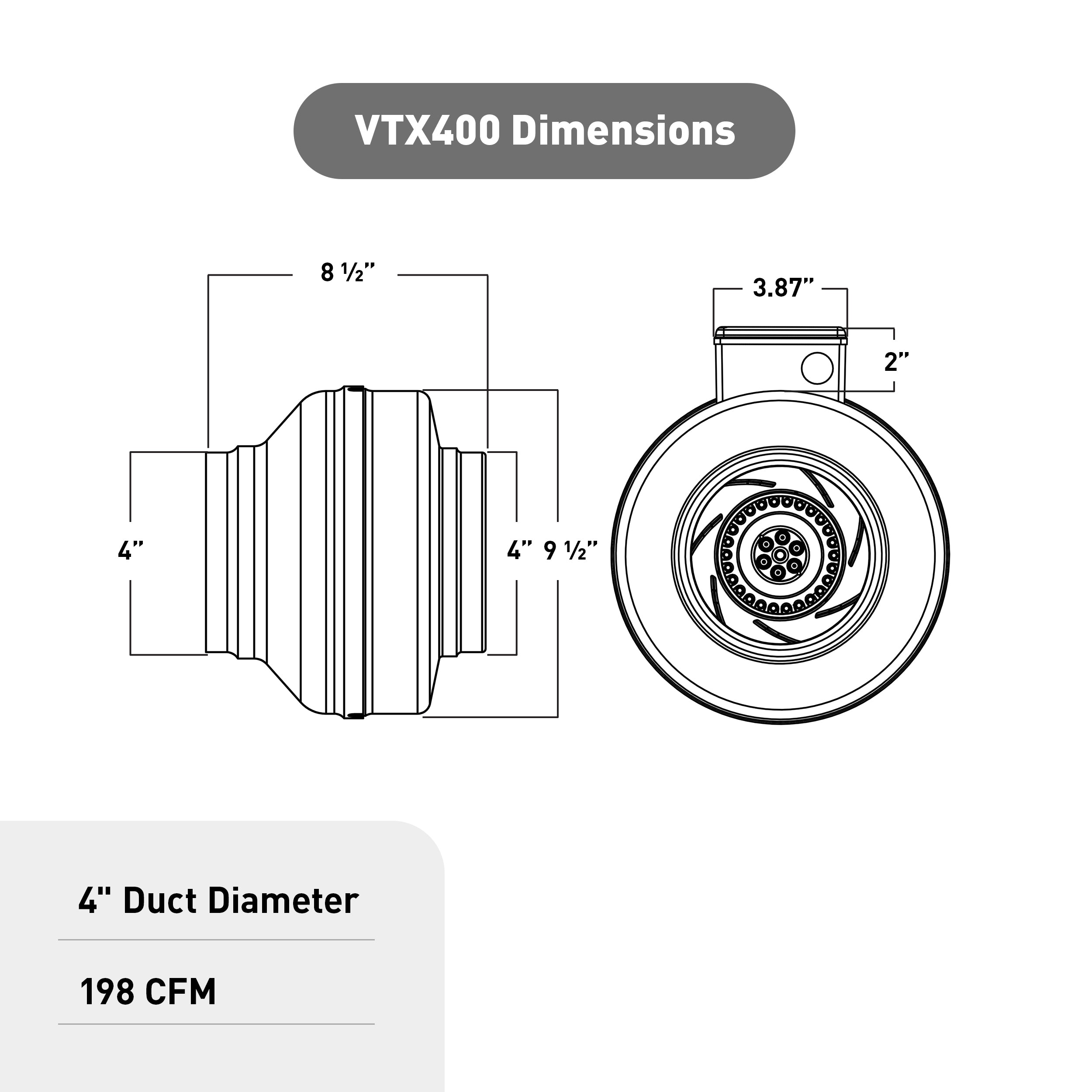 Panasonic VTX400 centrifugal in-line duct fan with 4-inch diameter ports and dimensional specifications diagram.