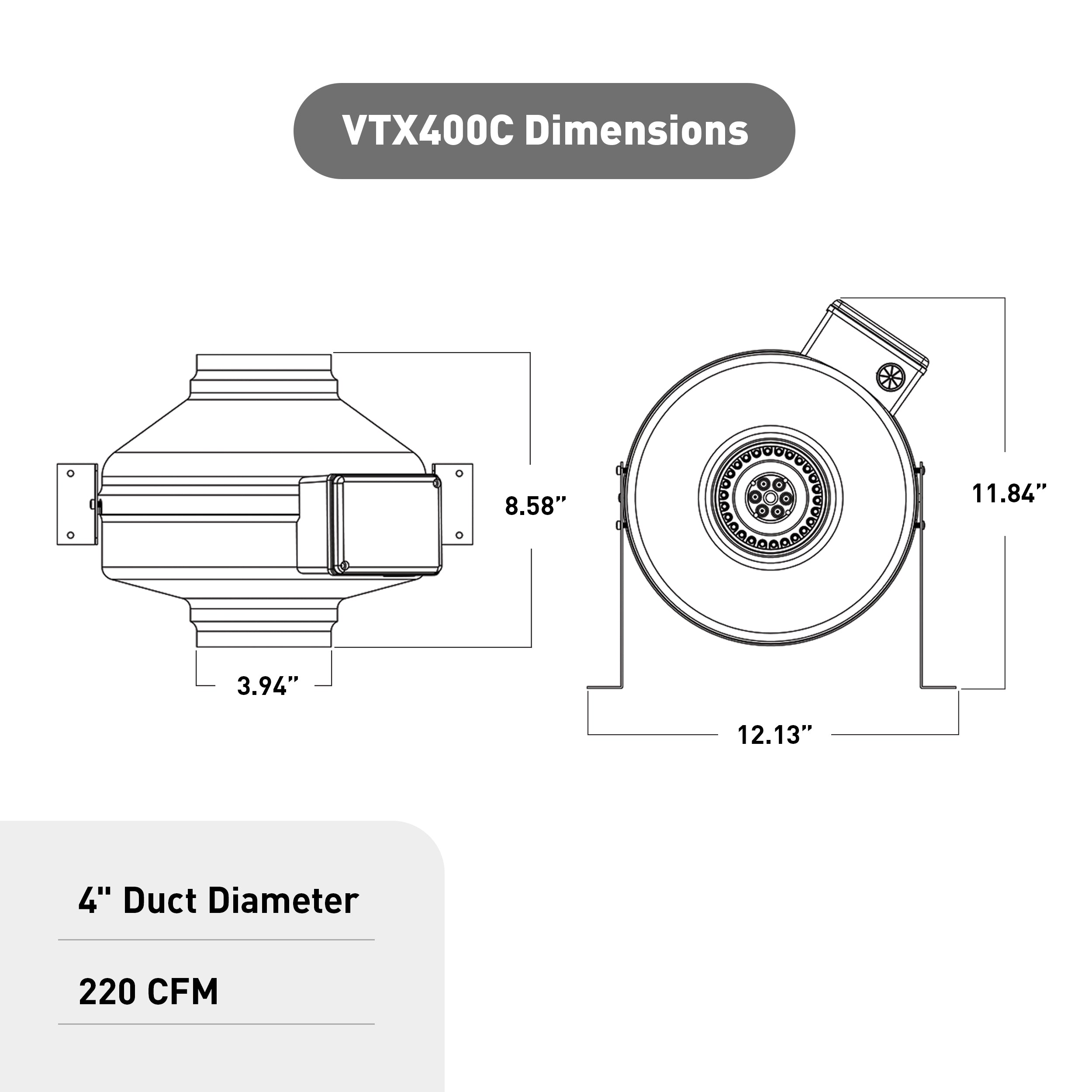 Panasonic Atmosphere Vortex VTX400C Centrifugal In-Line Duct Fan with Current Sensor, 175 CFM at 0.2 Static Pressure, Corded Ventilation Fan
