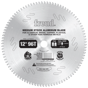 12-inch circular saw blade with 96 teeth, aluminum body, silver coating, center arbor hole, designed for cutting non-ferrous 