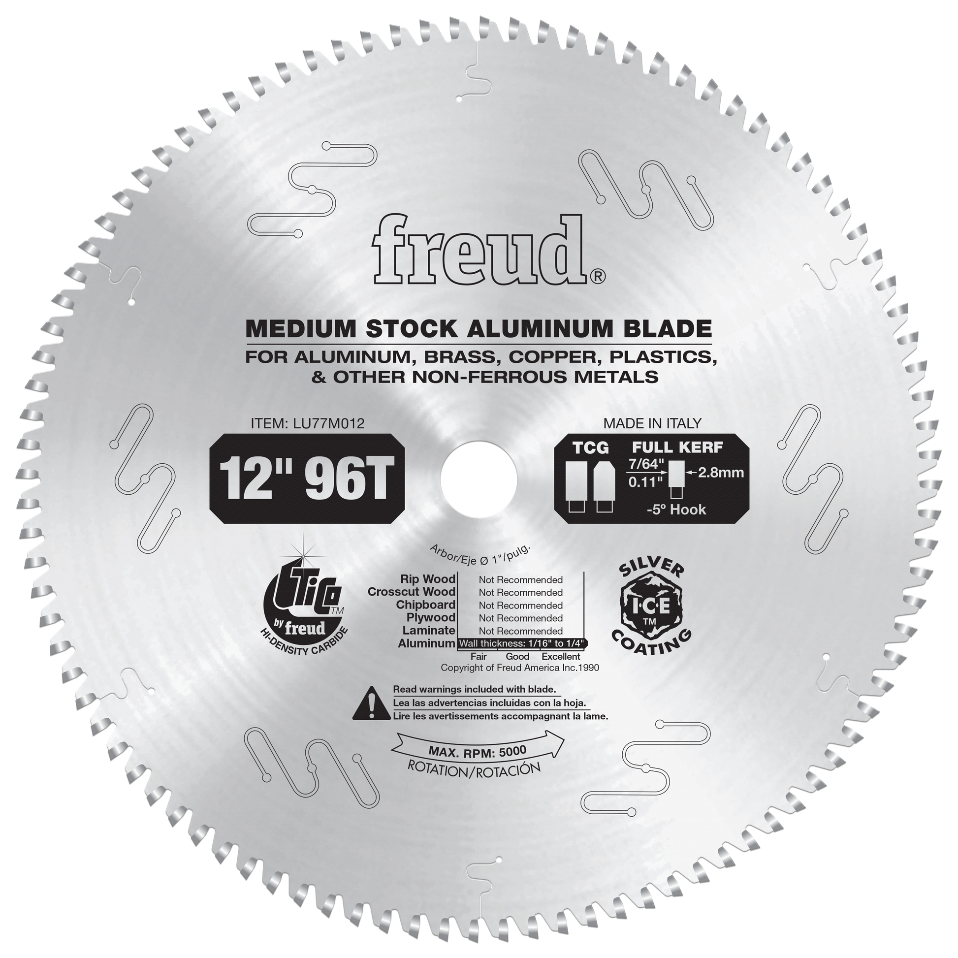 12-inch circular saw blade with 96 teeth, aluminum body, silver coating, center arbor hole, designed for cutting non-ferrous 