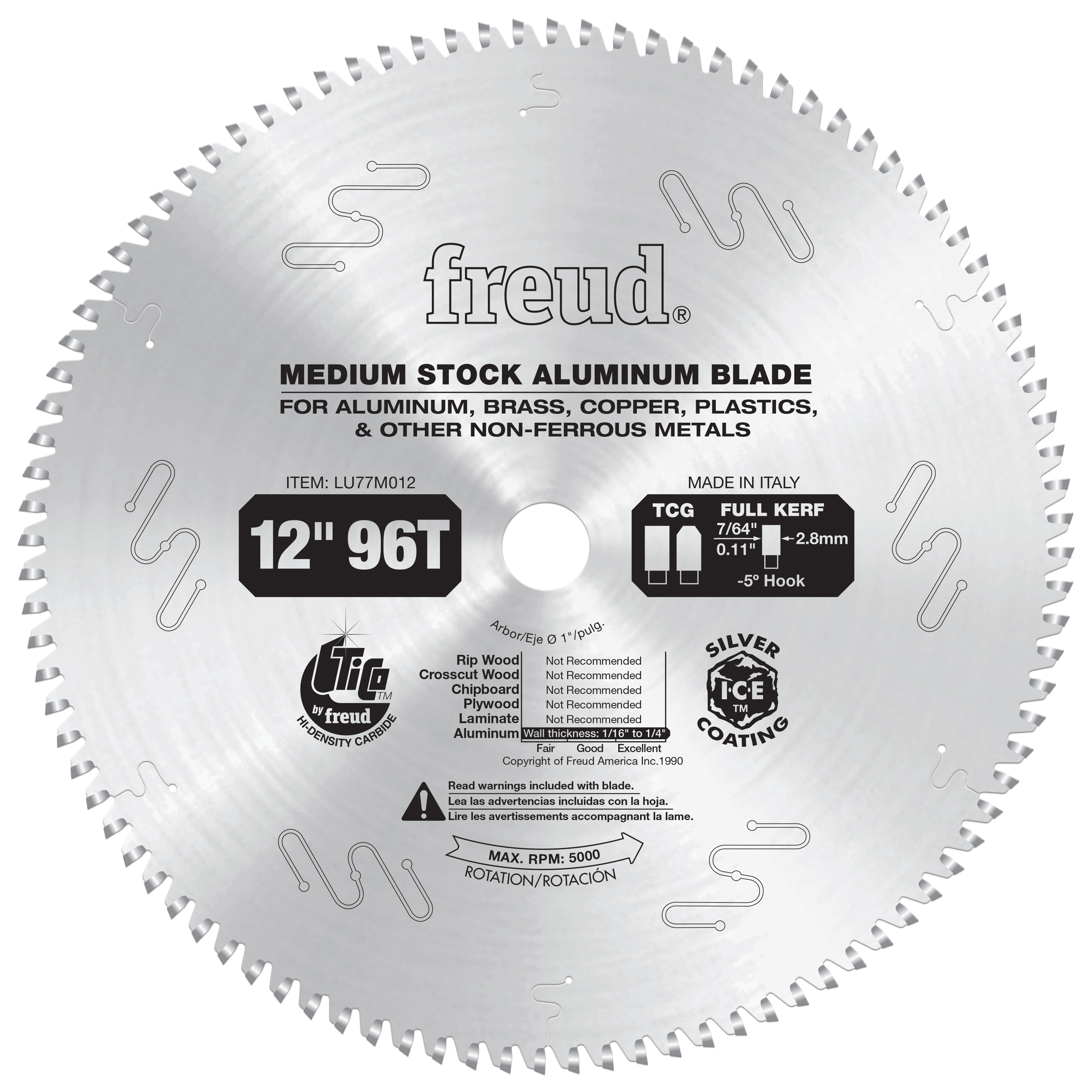 12-inch circular saw blade with 96 teeth, aluminum body, silver coating, center arbor hole, designed for cutting non-ferrous 