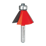 Freud chamfer bit with red cutting head, silver metal shank, and bearing-guided router bit design.