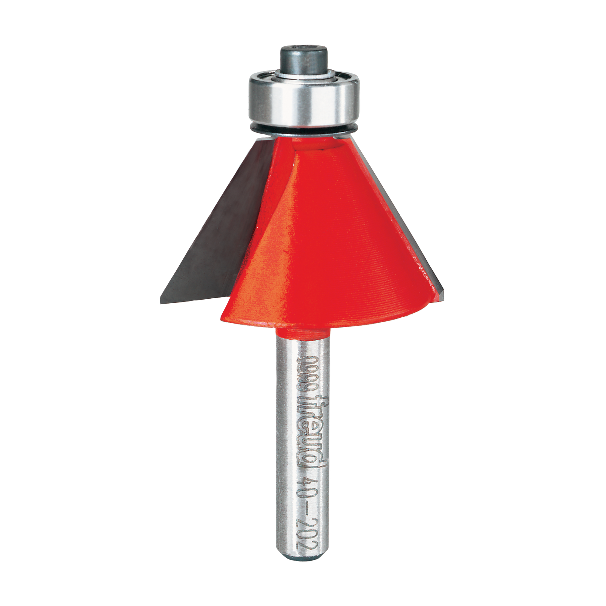 Freud chamfer bit with red cutting head, silver metal shank, and bearing-guided router bit design.