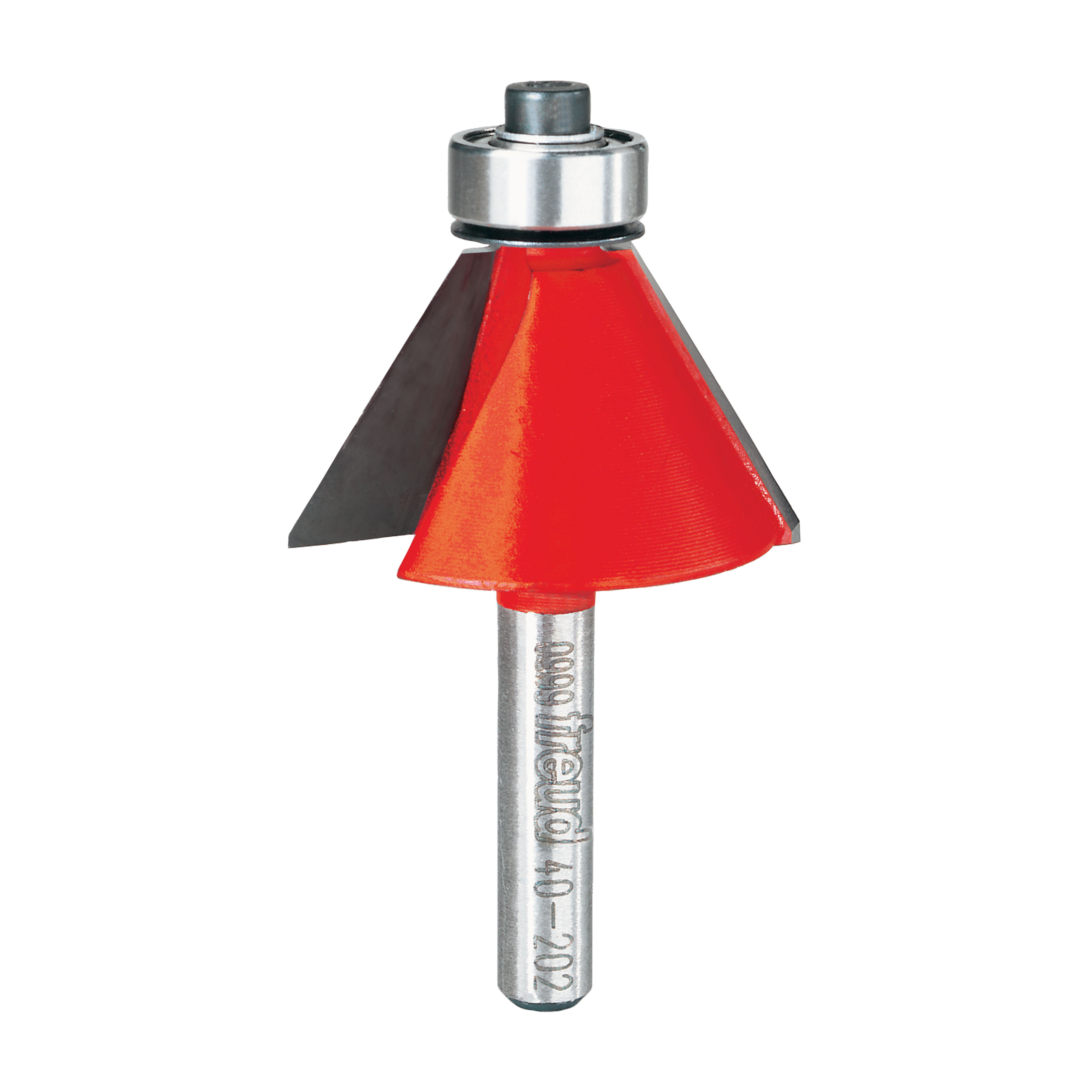 Freud chamfer bit with red cutting head, silver metal shank, and bearing-guided router bit design.