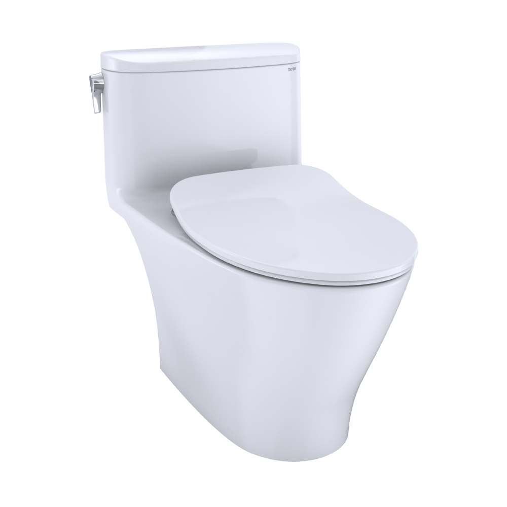 White elongated one-piece toilet with soft-close seat and integrated tank on white background.