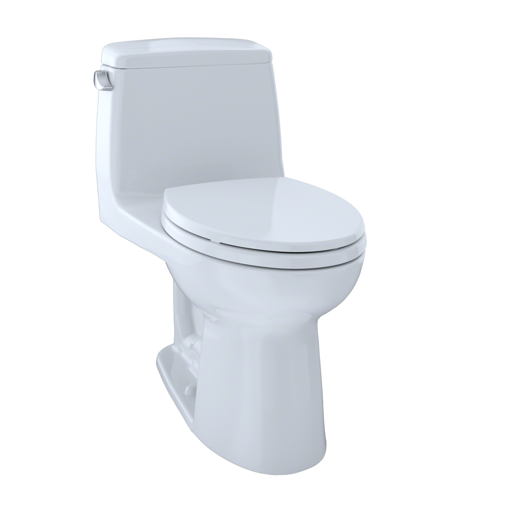 Cotton white one-piece elongated toilet with closed soft-close seat and integrated tank.