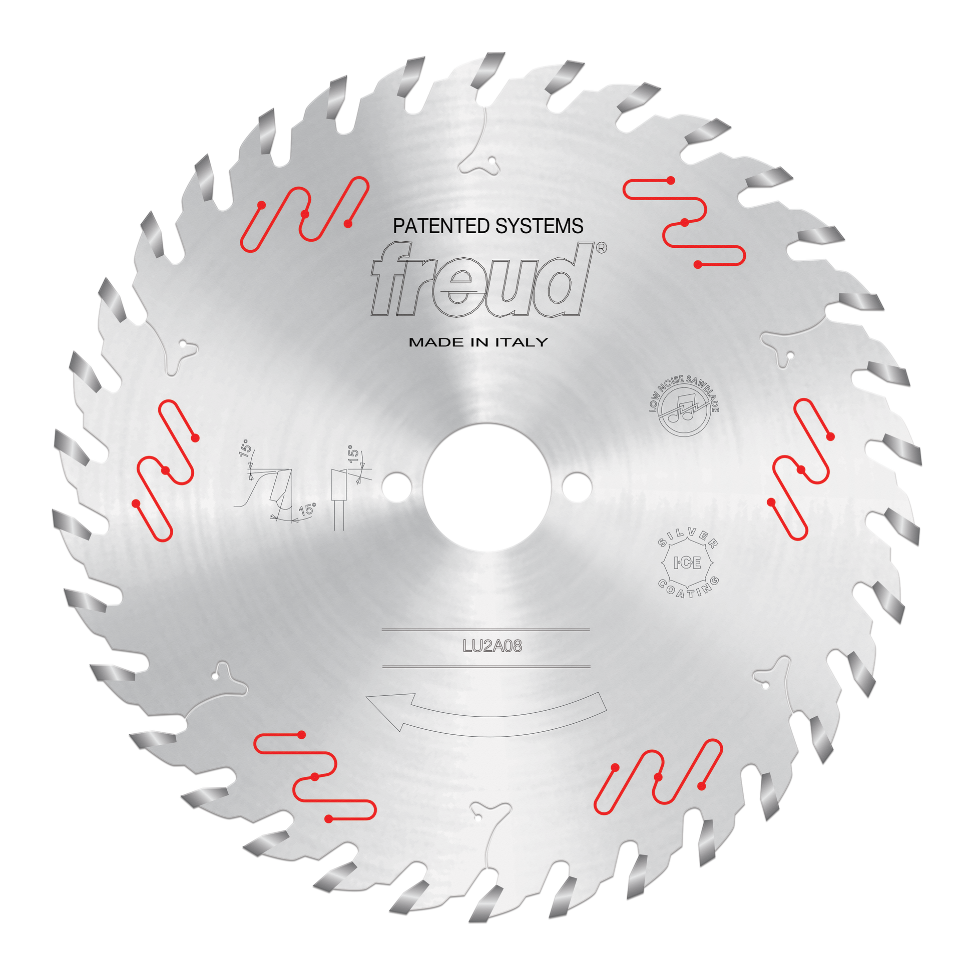 Freud LU2A08 200mm carbide-tipped circular saw blade with alternating tooth design and center arbor hole.