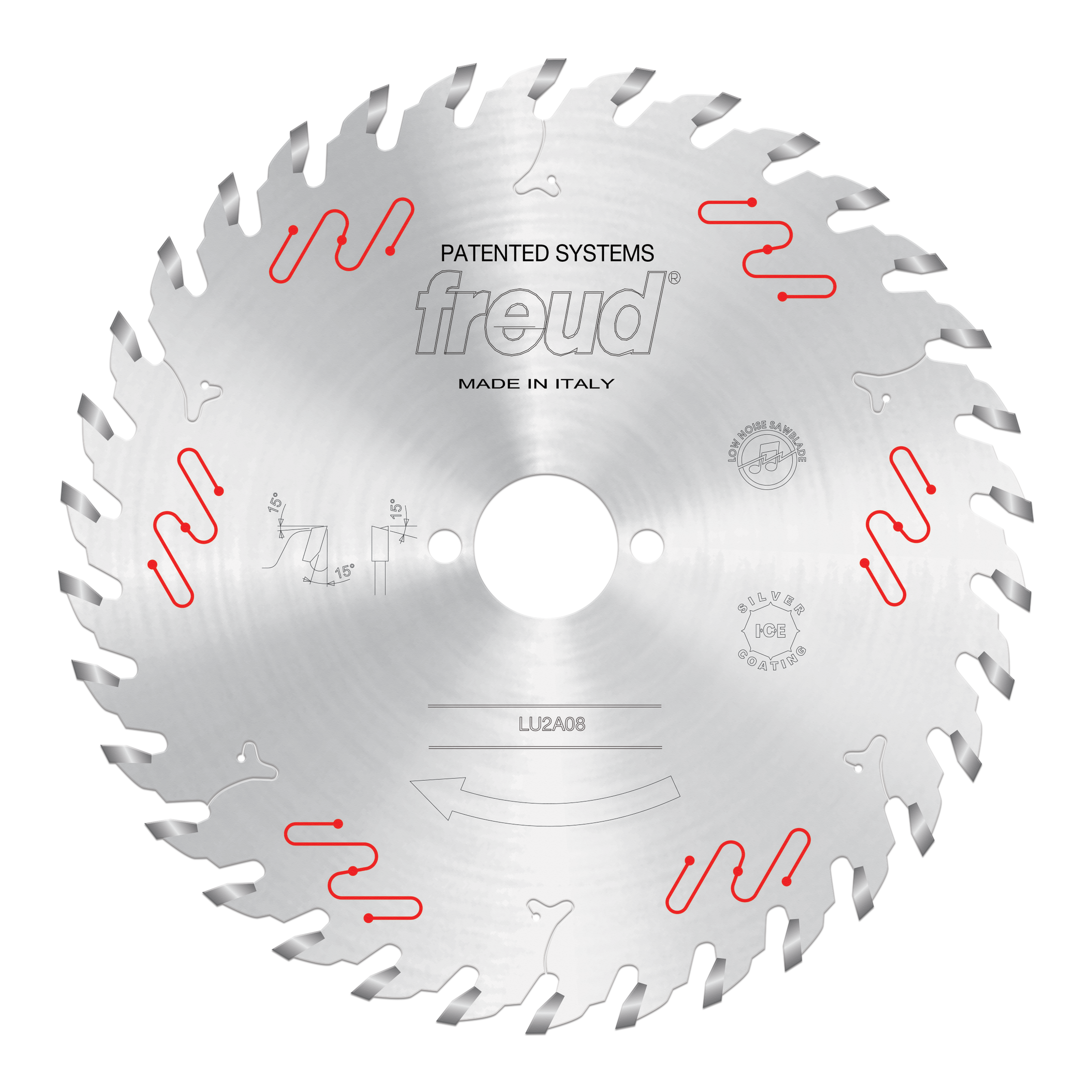 Freud LU2A08 200mm carbide-tipped circular saw blade with alternating tooth design and center arbor hole.