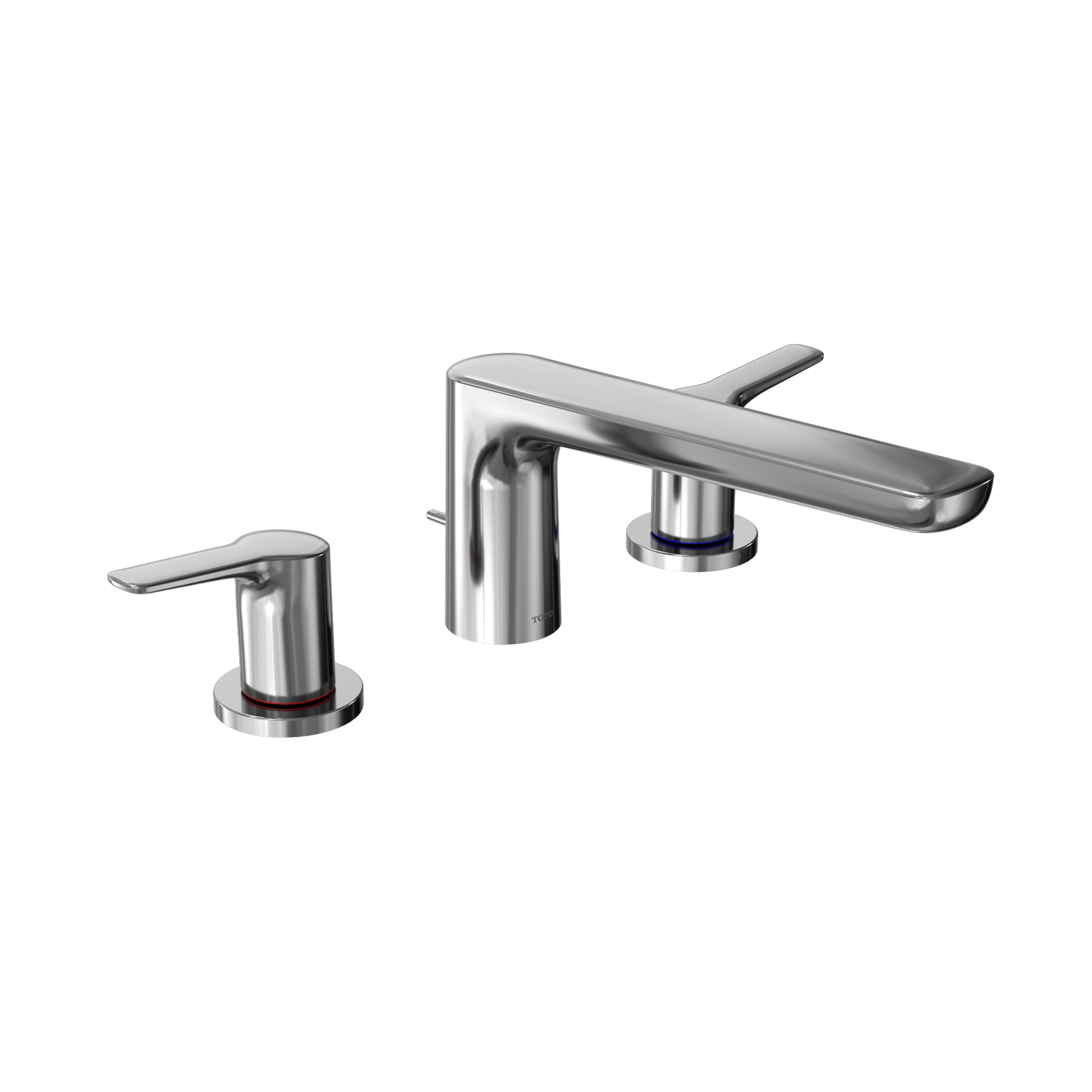 Polished chrome two-handle roman tub filler with deck-mount spout and lever handles.