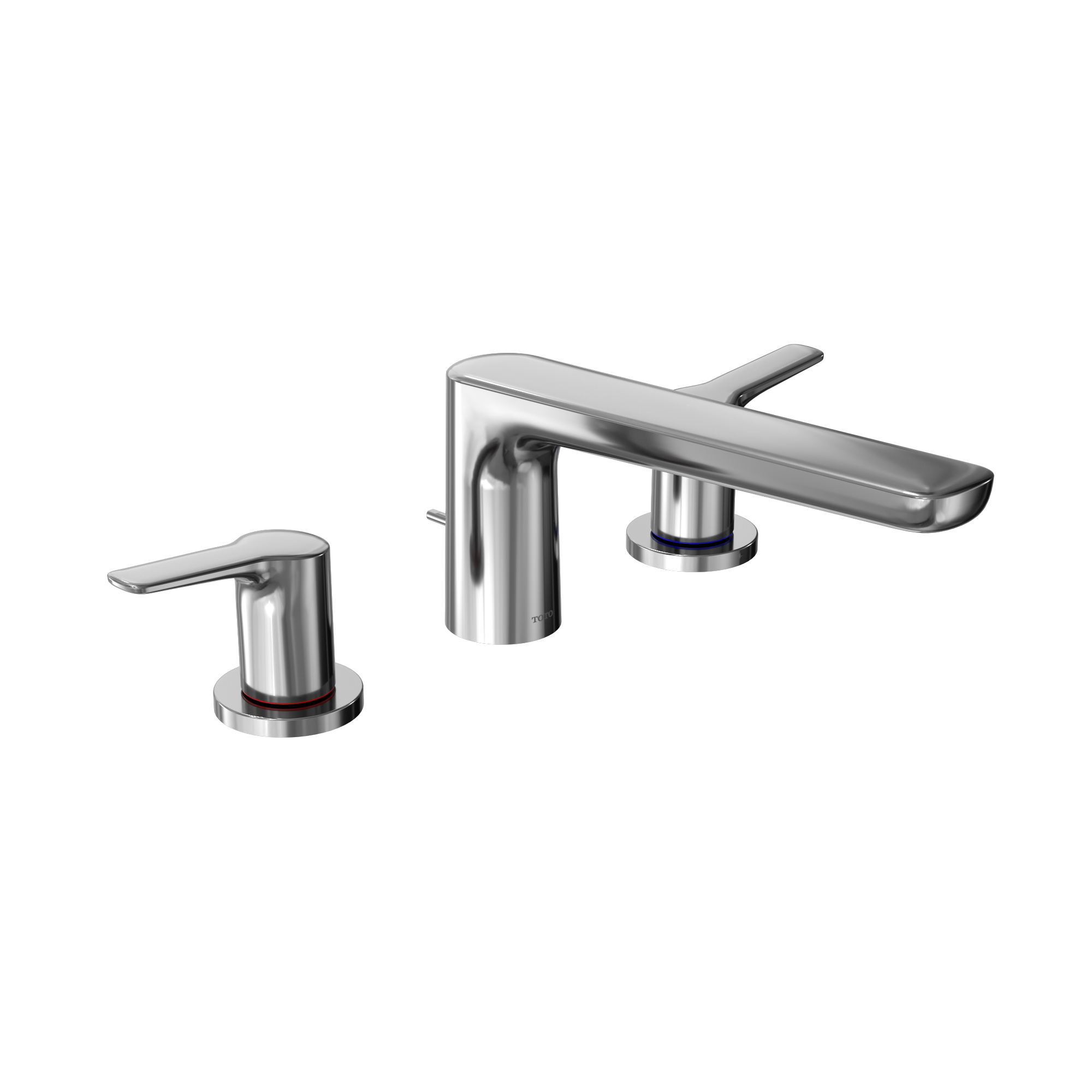 Polished chrome two-handle roman tub filler with deck-mount spout and lever handles.