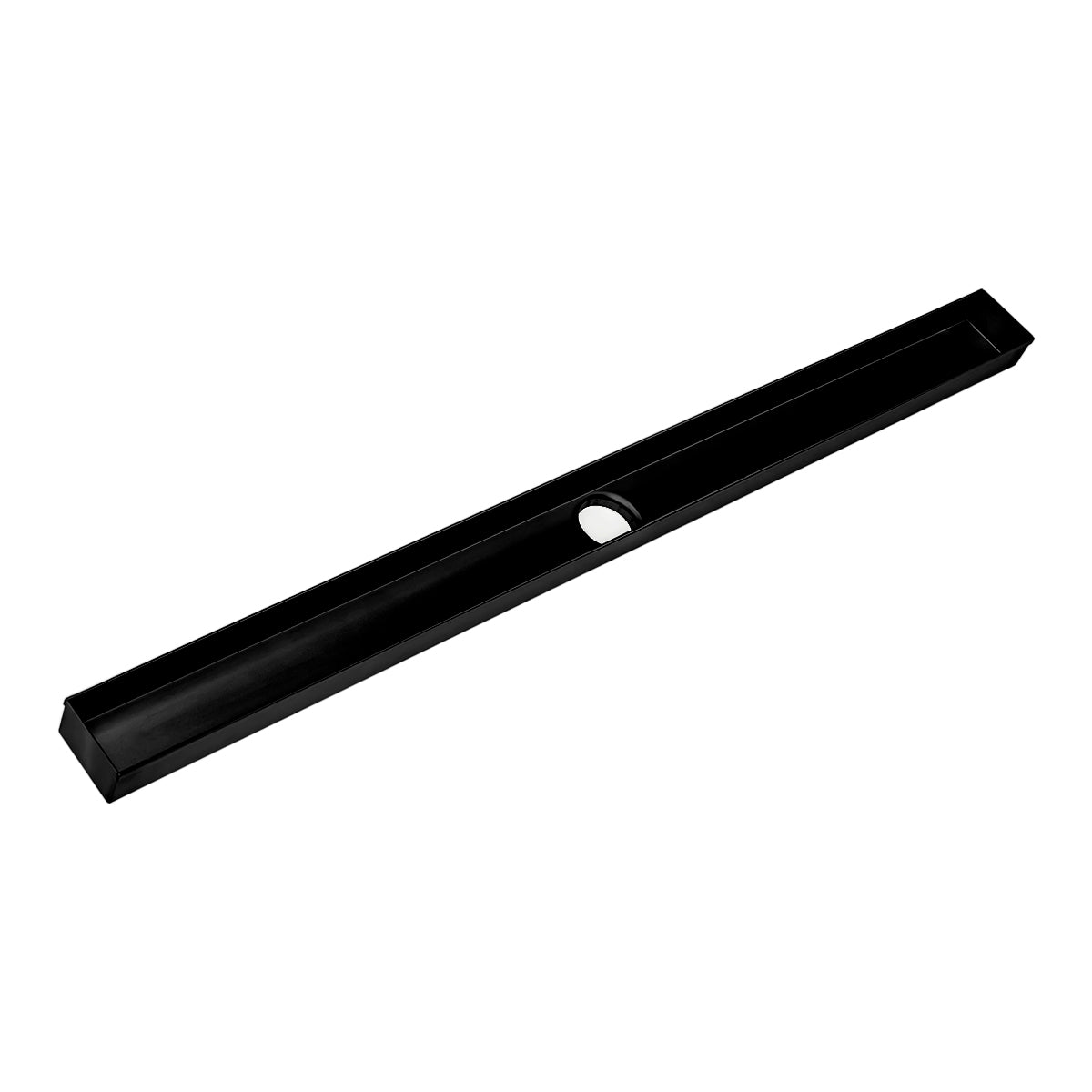 Matte black linear drain channel with rectangular trough design and small circular opening along length.