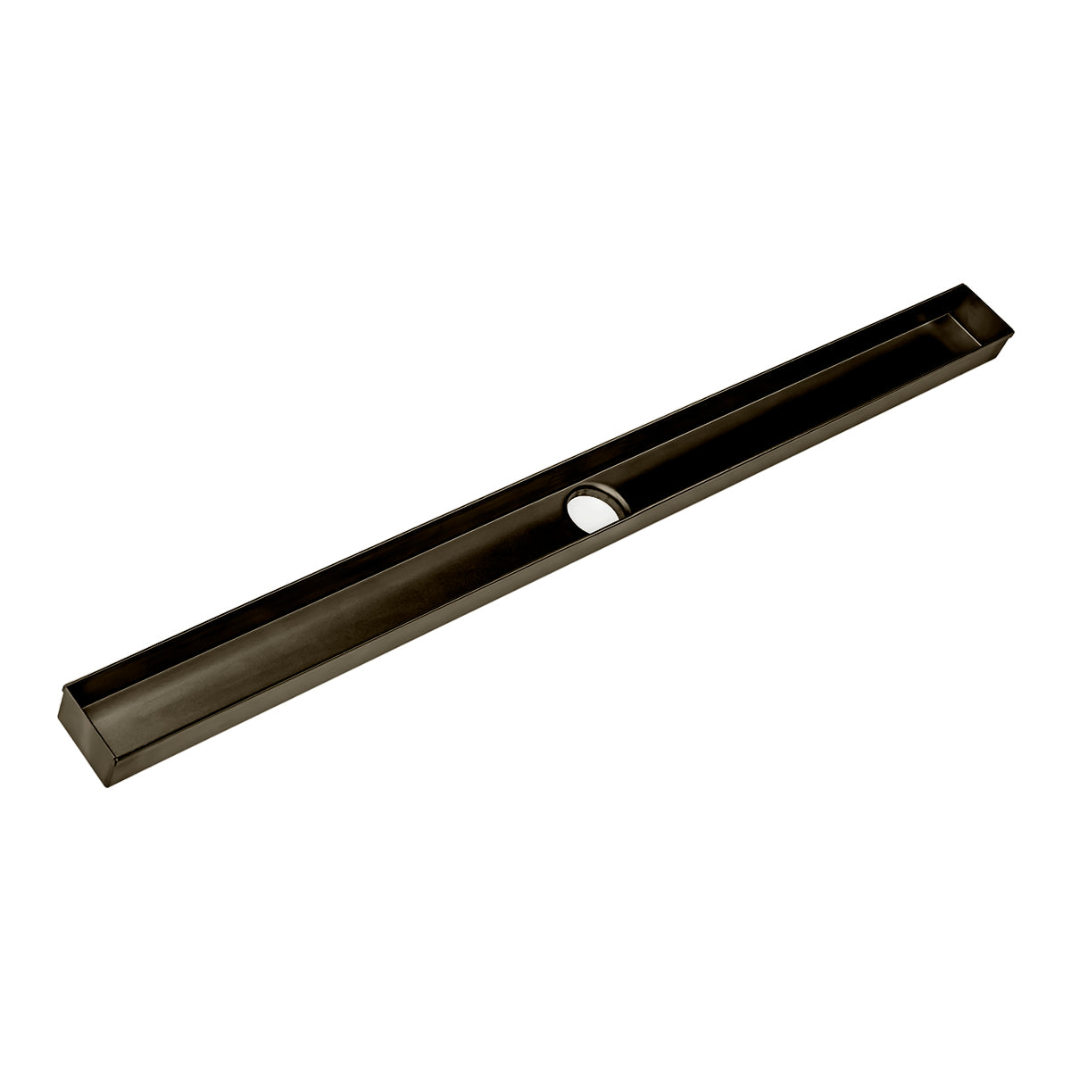 Oil rubbed bronze linear drain channel with rectangular trough design and center opening.