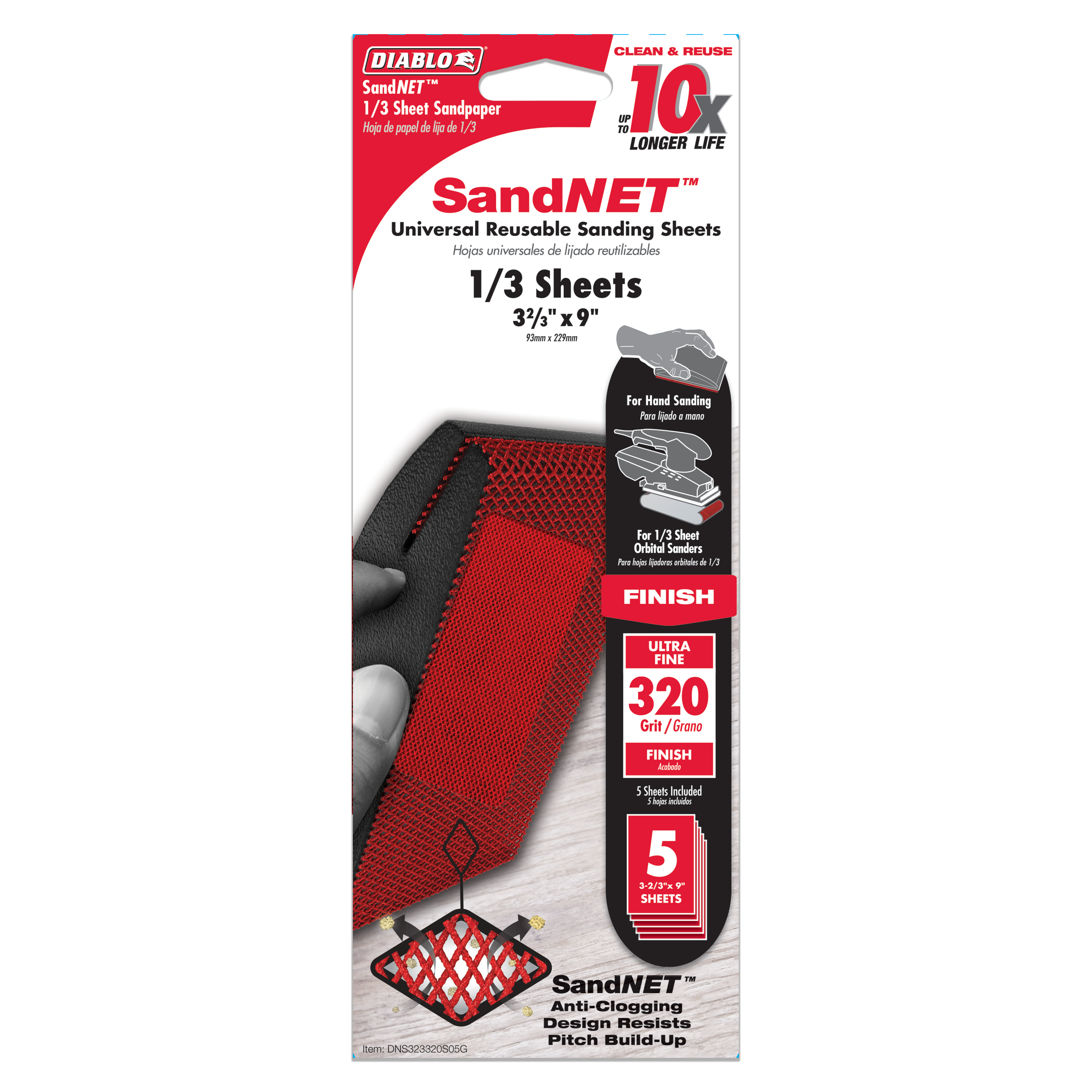 Five red 320-grit SandNET universal reusable sanding sheets, 1/3 sheet size (3-2/3" x 9"), with anti-clogging mesh design.
