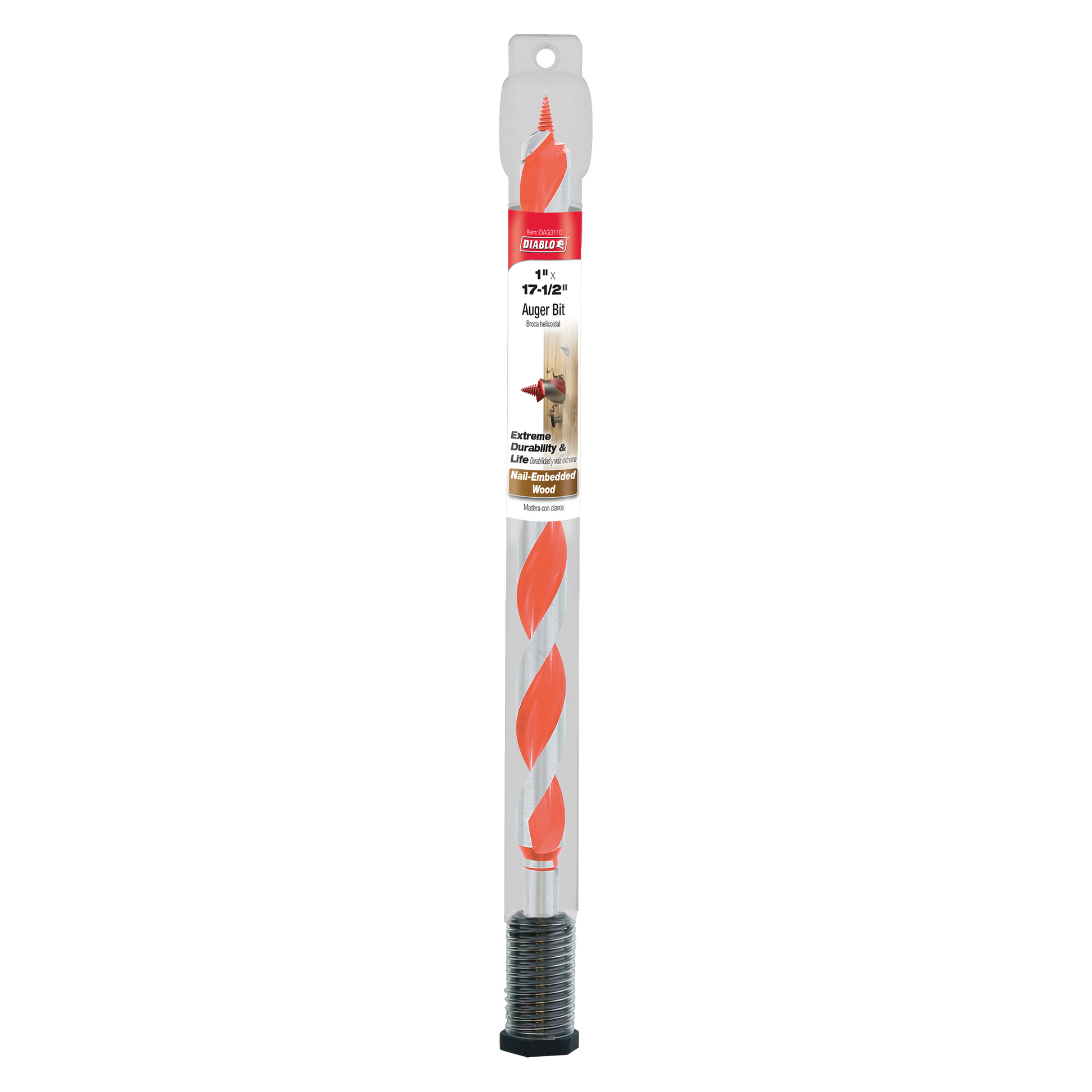 Diablo 1 in. x 17-1/2 in. auger bit with red flutes and threaded shank in packaging.