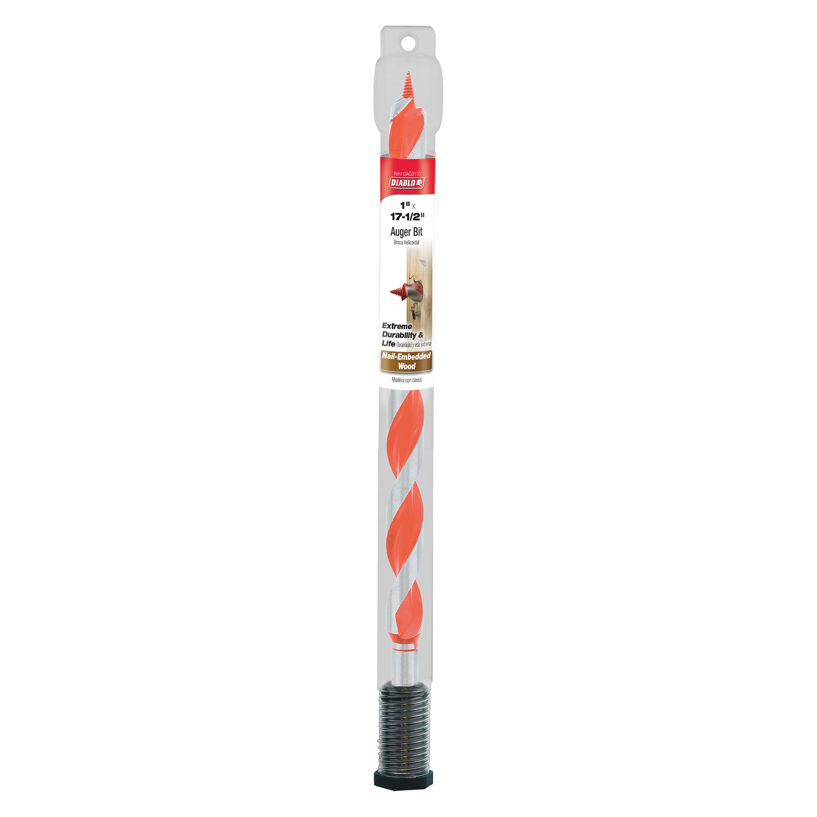 Diablo 1 in. x 17-1/2 in. auger bit with red flutes and threaded shank in packaging.