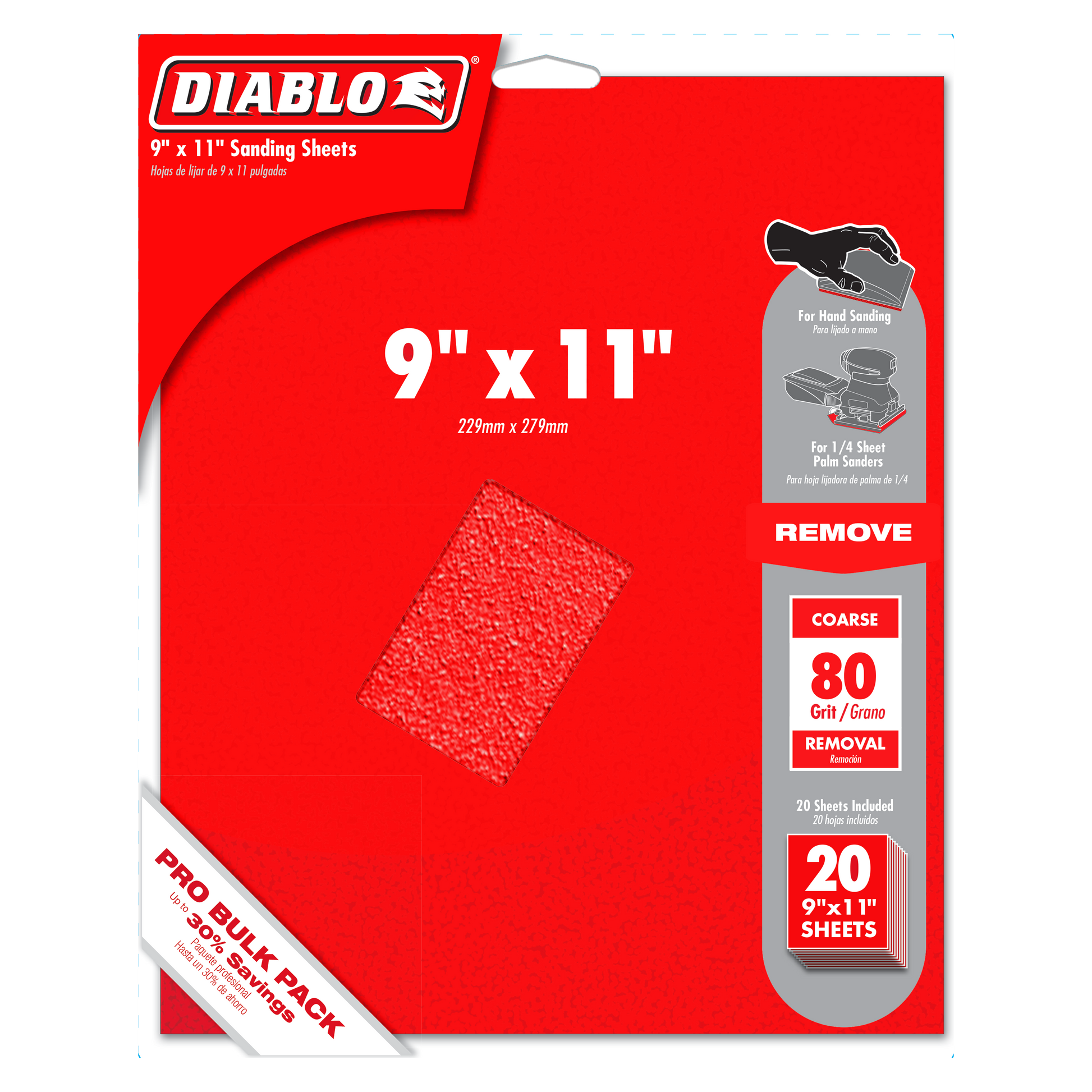 Red packaging containing 20 tan-colored 9" x 11" coarse 80-grit sanding sheets for hand sanding.