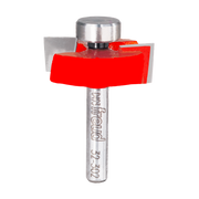 Silver router bit with red cutting head and silver cap, marked "Freud 32-302" on shaft.
