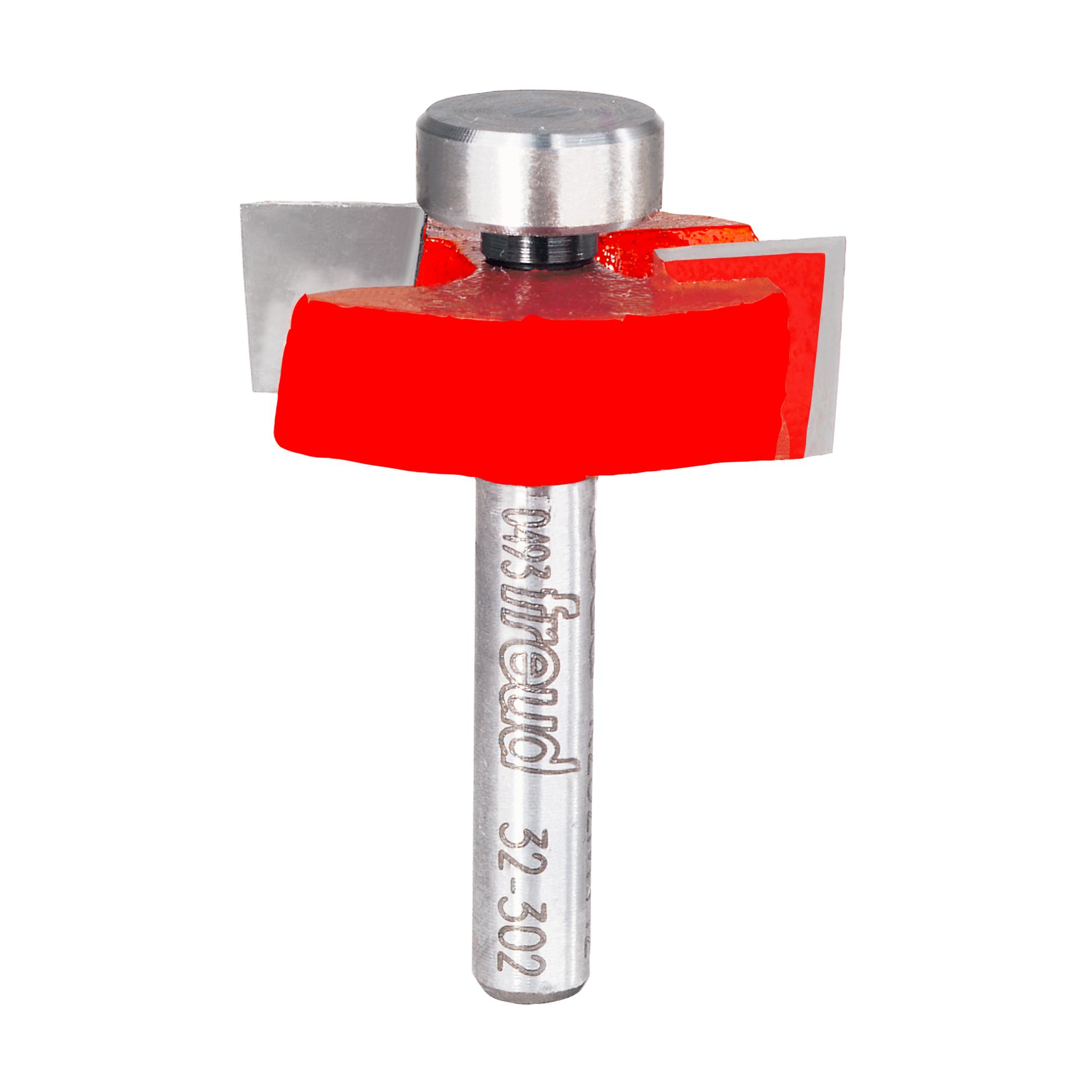 Silver router bit with red cutting head and silver cap, marked "Freud 32-302" on shaft.