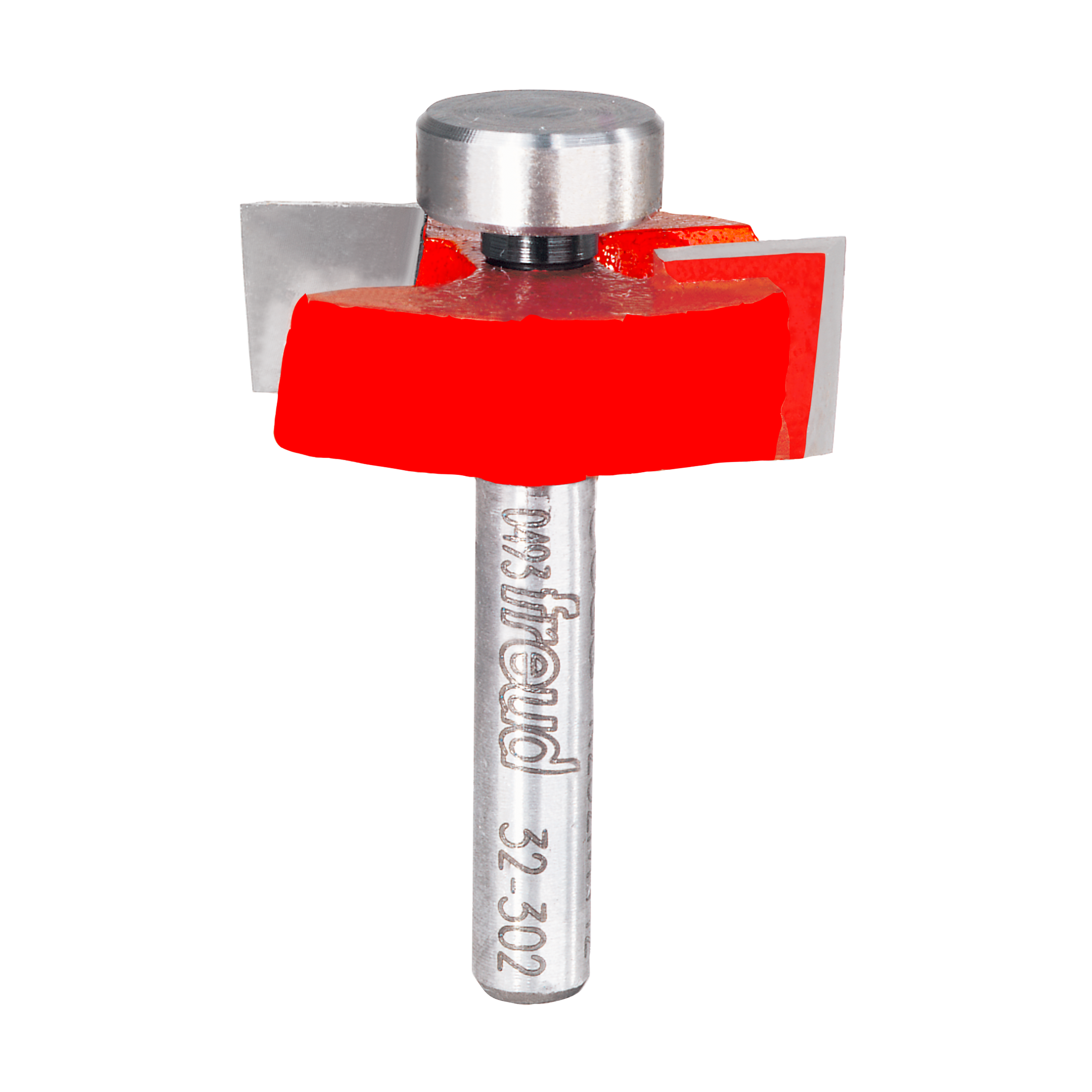 Silver router bit with red cutting head and silver cap, marked "Freud 32-302" on shaft.