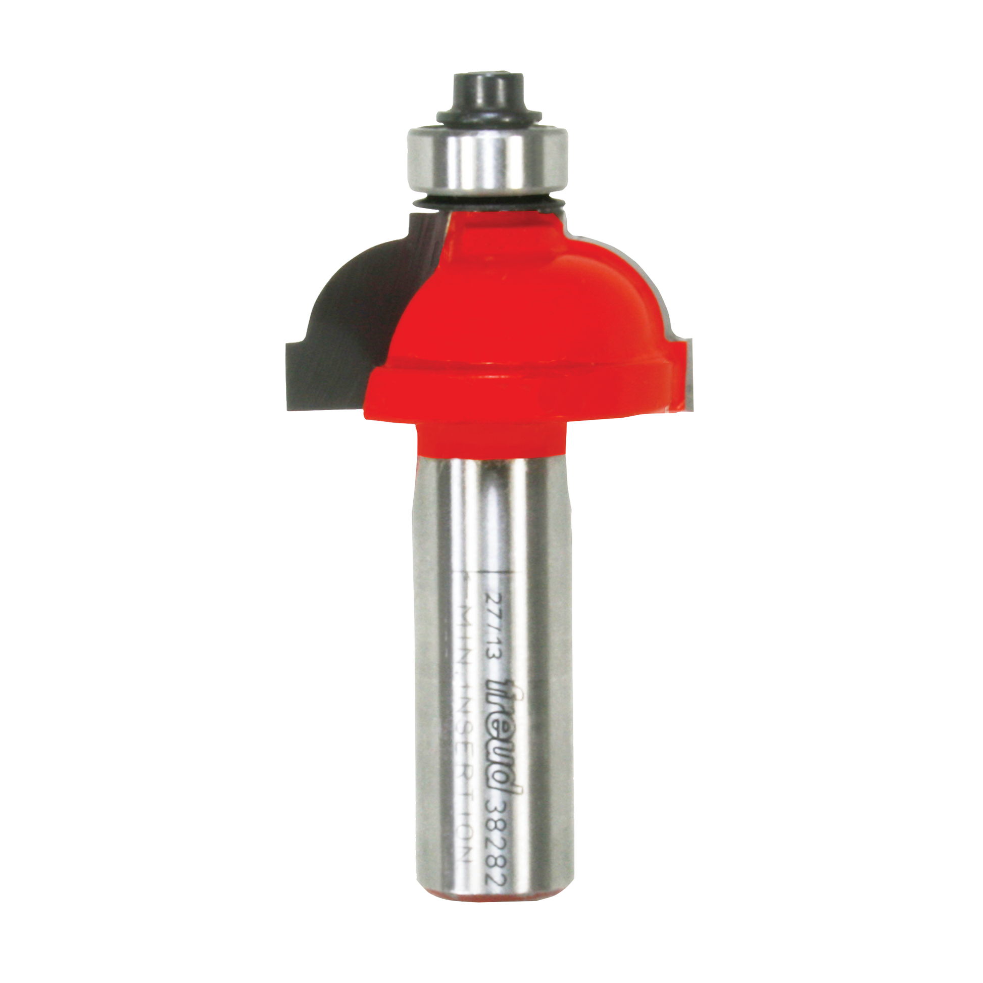 Red and silver router bit with rounded cove profile and metal shank, labeled Freud 38-282.