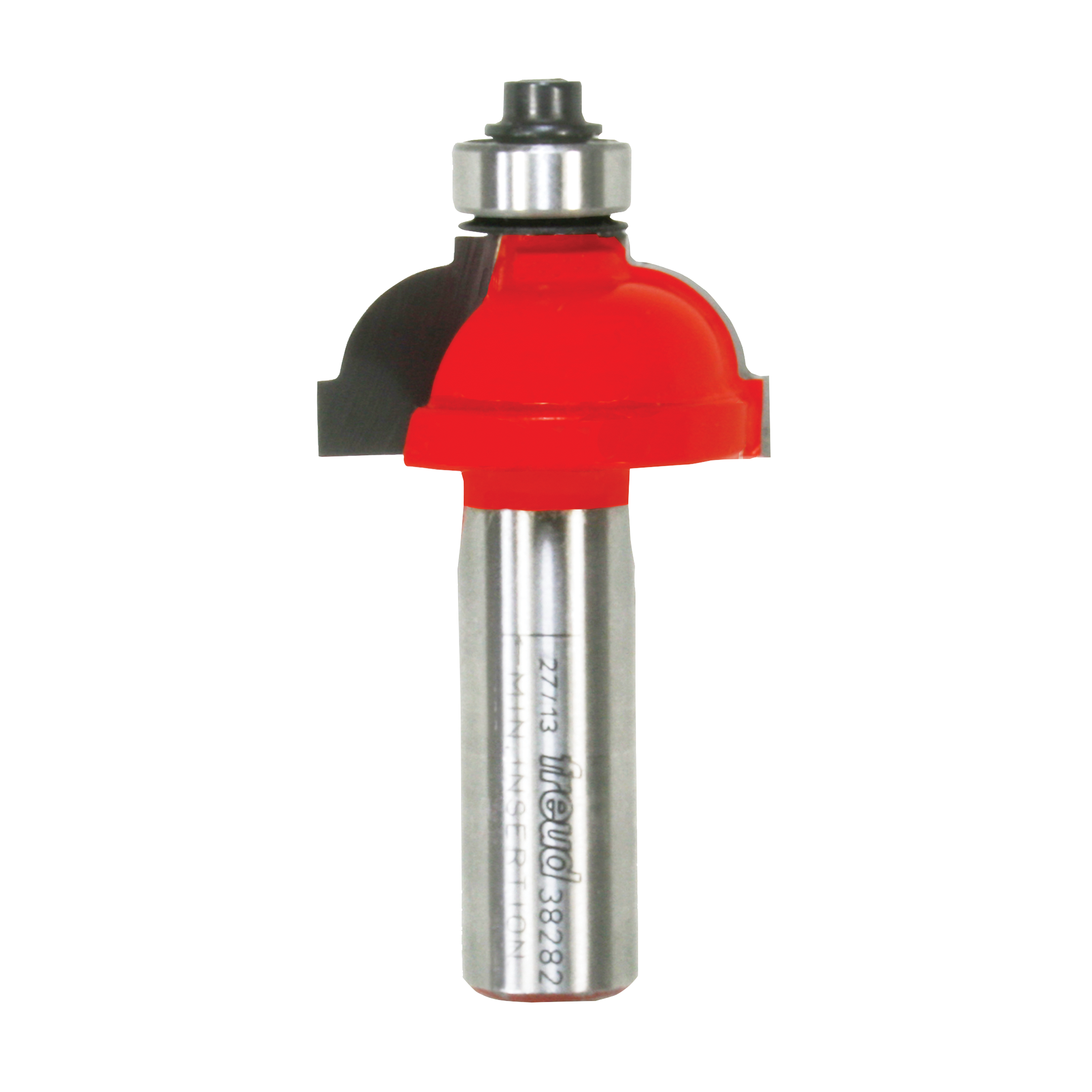 Red and silver router bit with rounded cove profile and metal shank, labeled Freud 38-282.