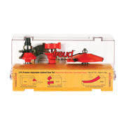 Three red router bits with black components in clear plastic case with yellow instruction base.