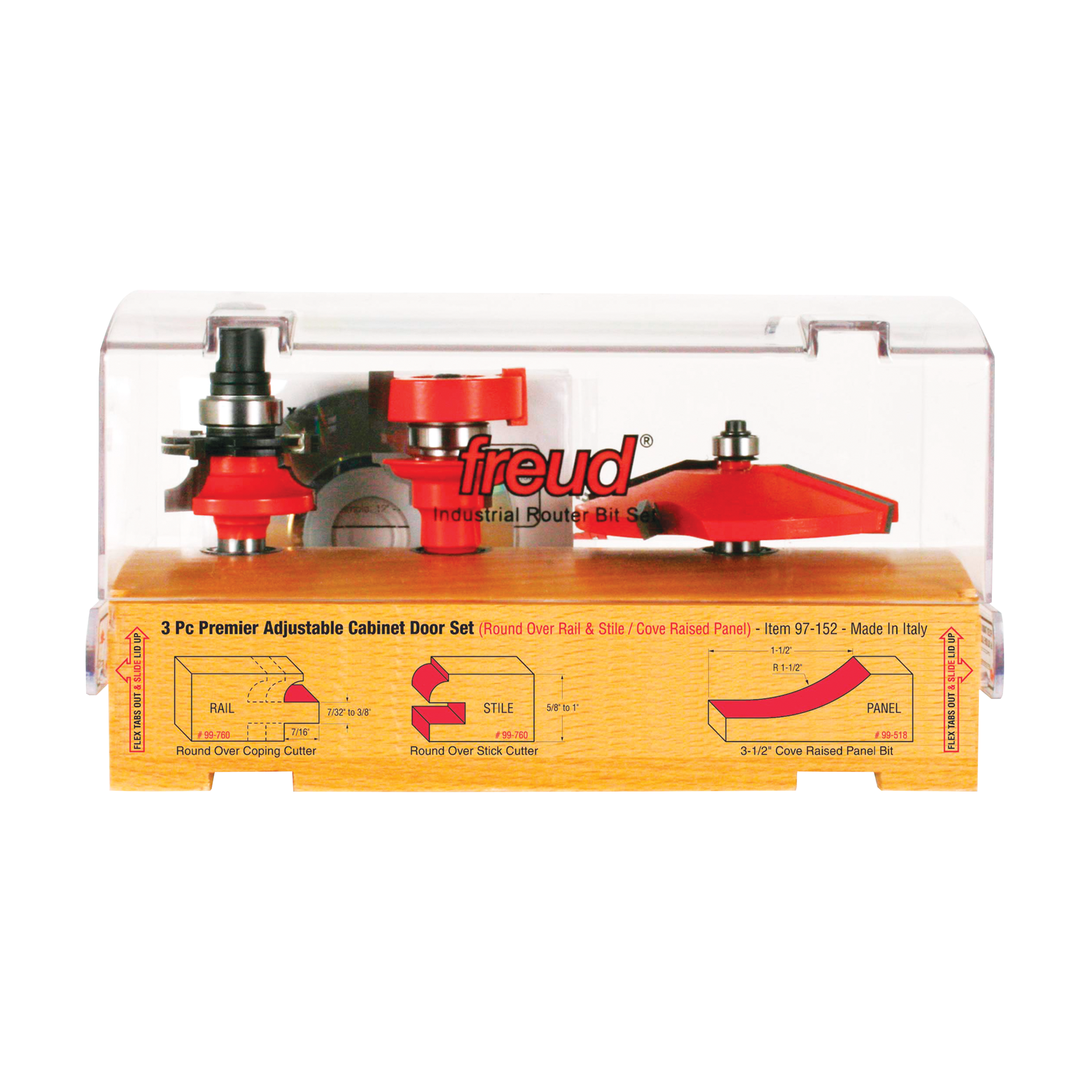 Three red router bits with black components in clear plastic case with yellow instruction base.