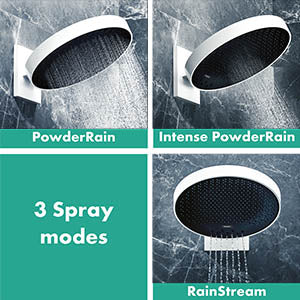 Chrome rainfall shower head with three spray modes: PowderRain, Intense PowderRain, and RainStream, shown in different water 
