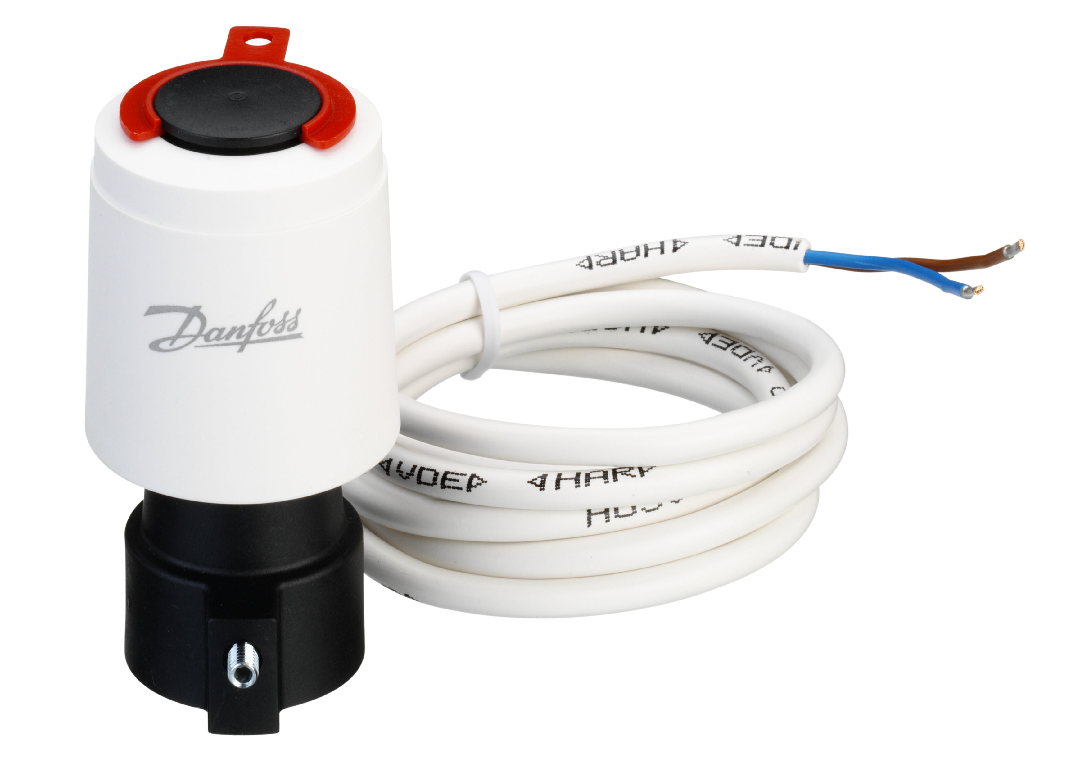 Danfoss TWA-A electric zone valve actuator with white cylindrical body, red and black components, and attached white coiled c