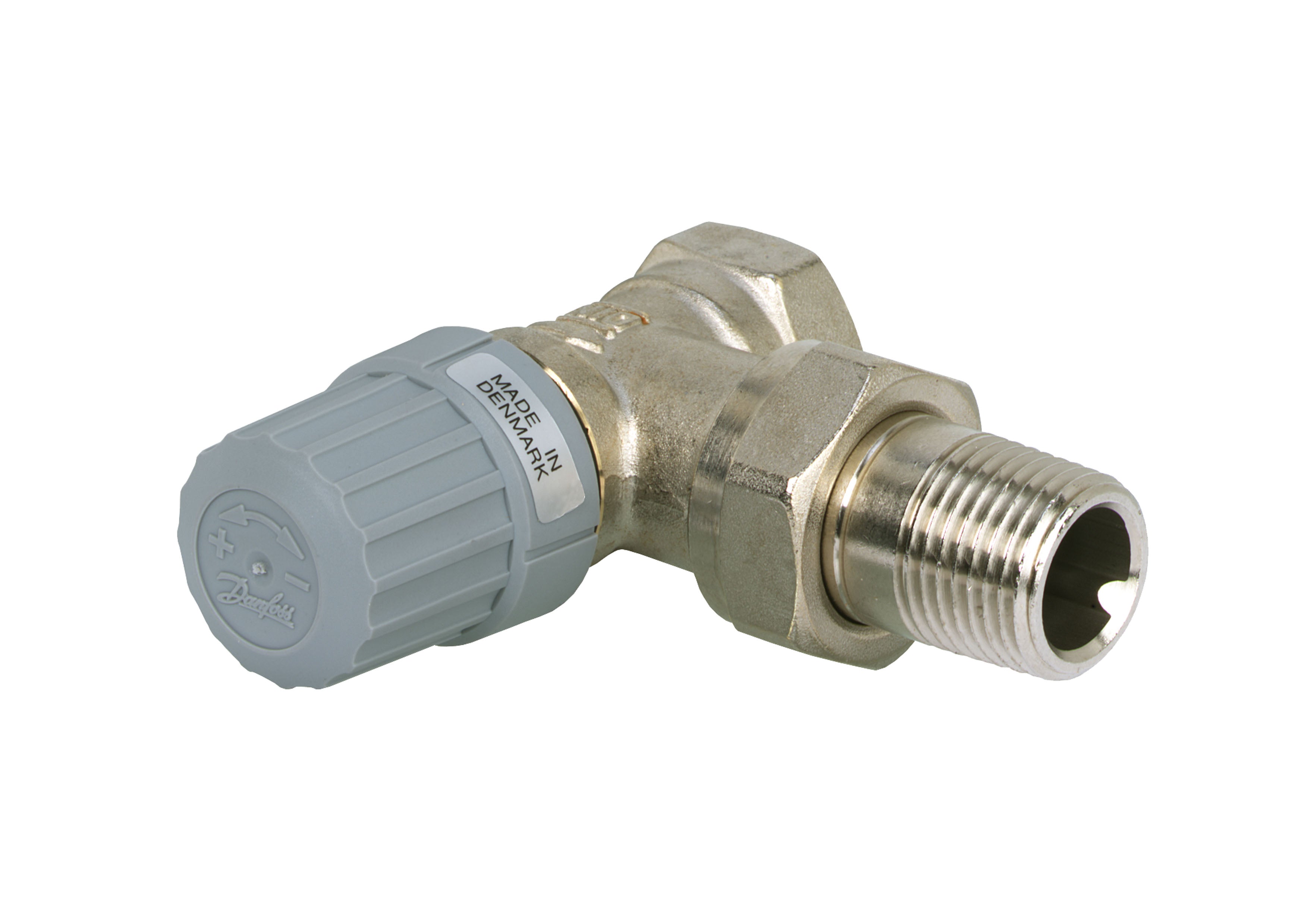 Danfoss RA2000 angle valve with gray thermostatic head and threaded brass body connection.
