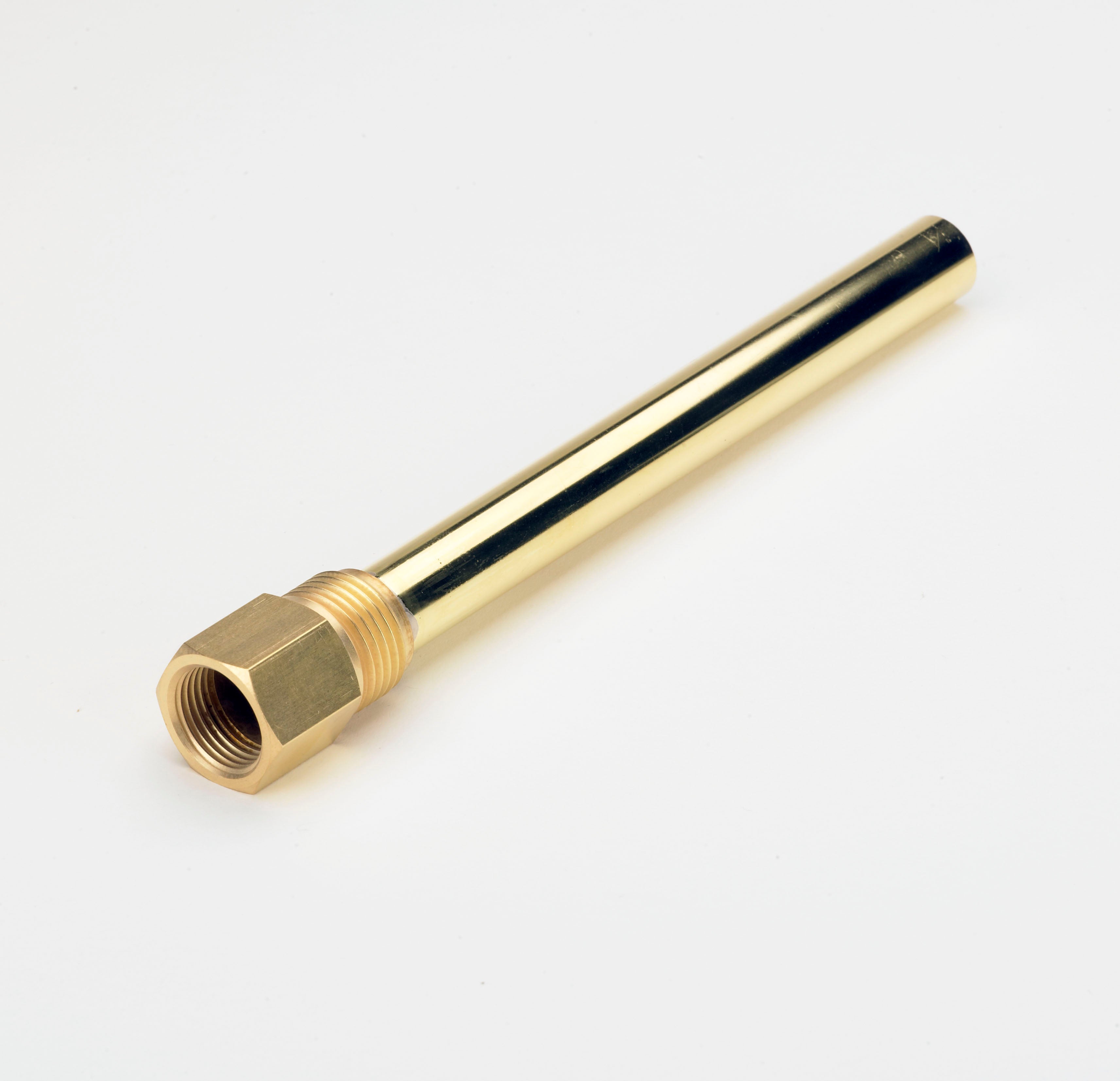 Brass sensor pocket with 3/4" NPT male thread and internal female connection on hexagonal fitting base.