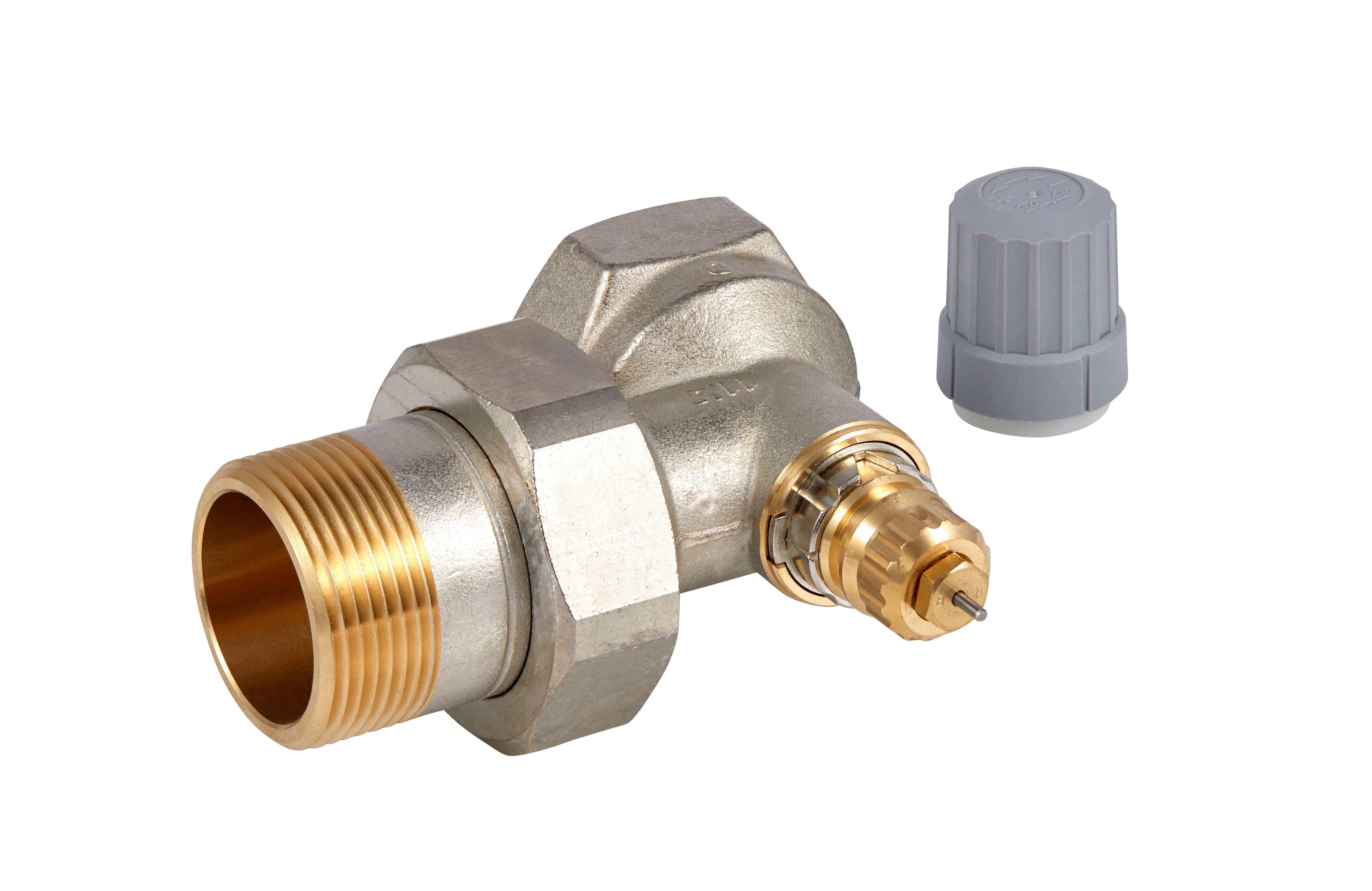 Brass and nickel-plated angle valve with male threaded inlet, female outlet connection, and gray plastic cap.