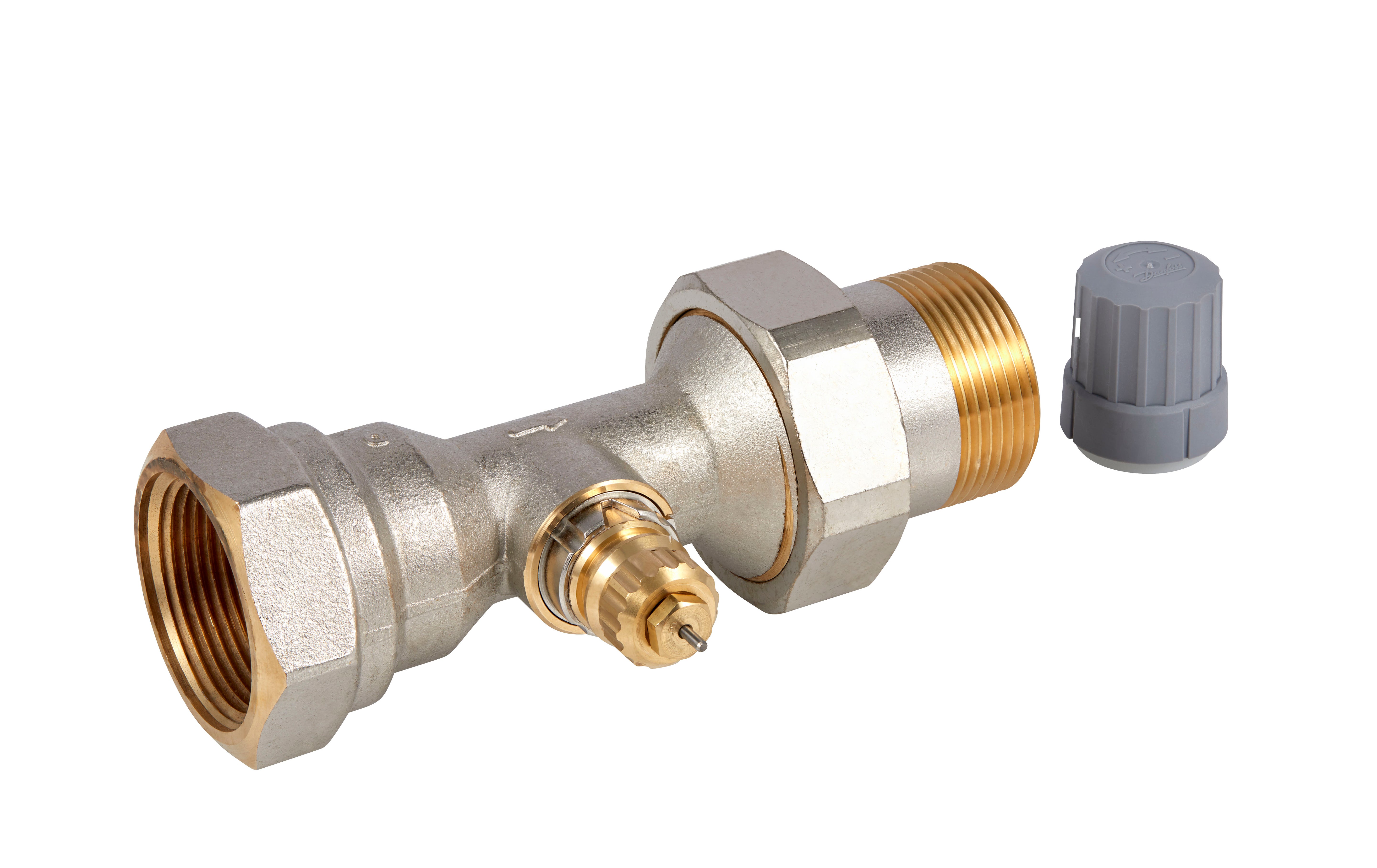 Danfoss RA2000 straight radiator valve with brass connections and gray plastic cap, 1-1/4" size.